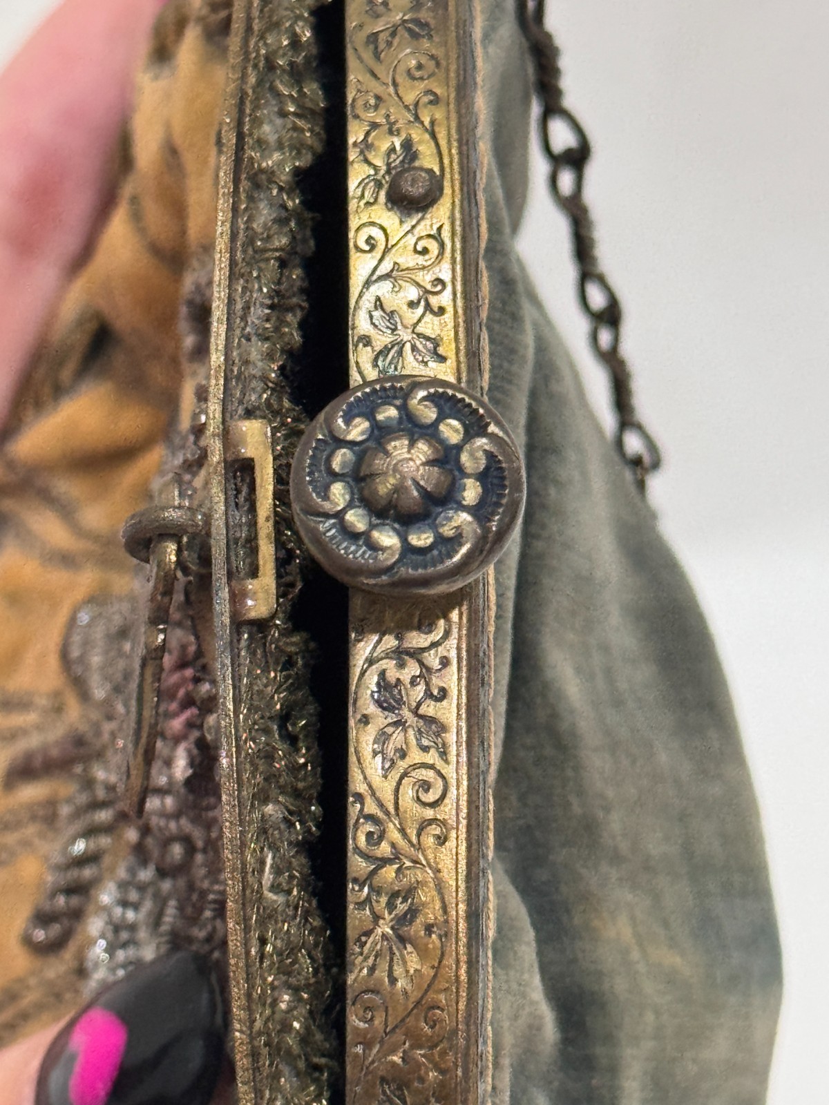 Antique 1920s German Steel Beaded Velvet Purse Ornate Brass Frame Art Nouveau