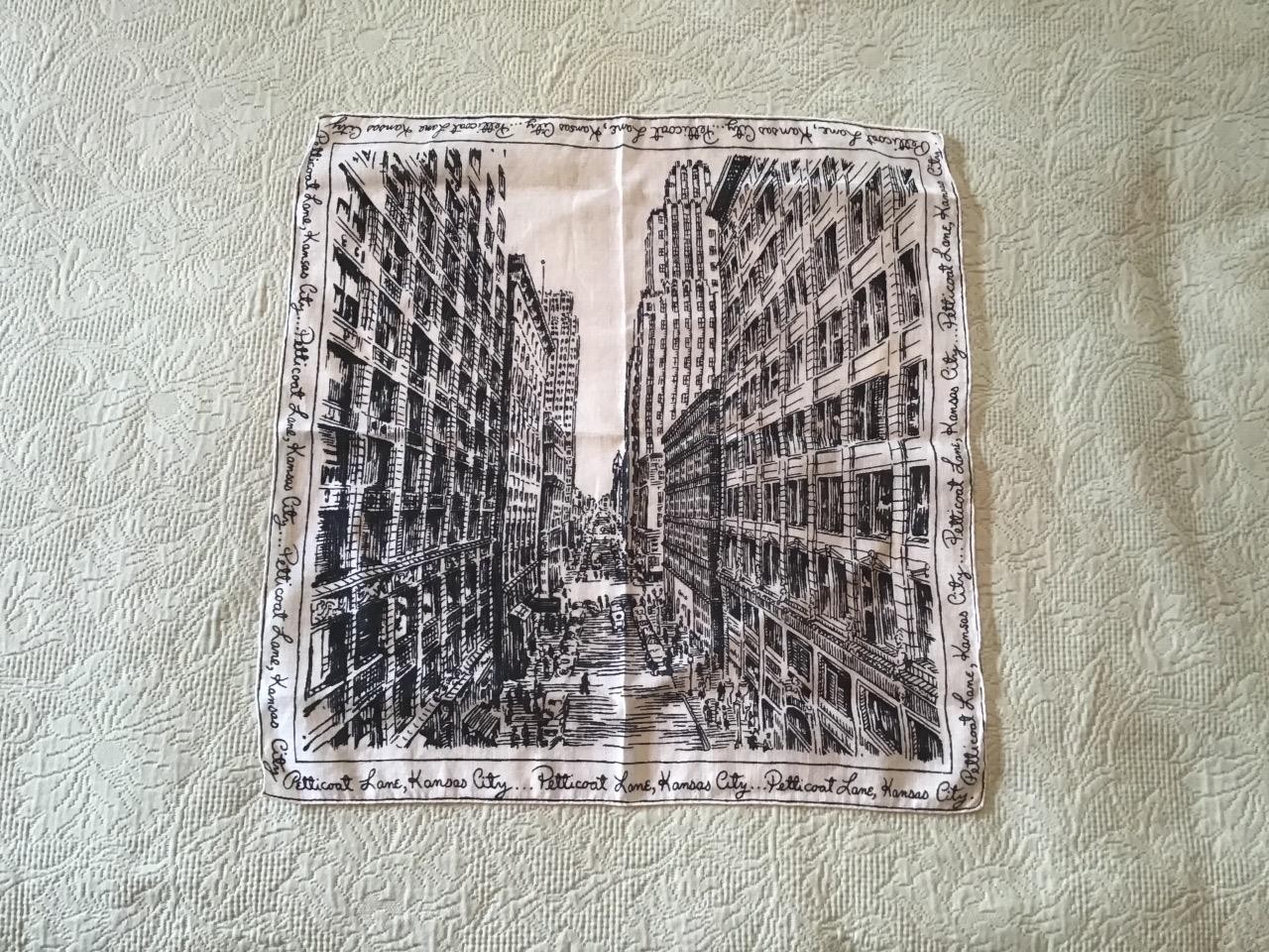 Vintage Petticoat Lane, Kansas City Cotton-Linen Handkerchief, Rolled Edge, 15”
