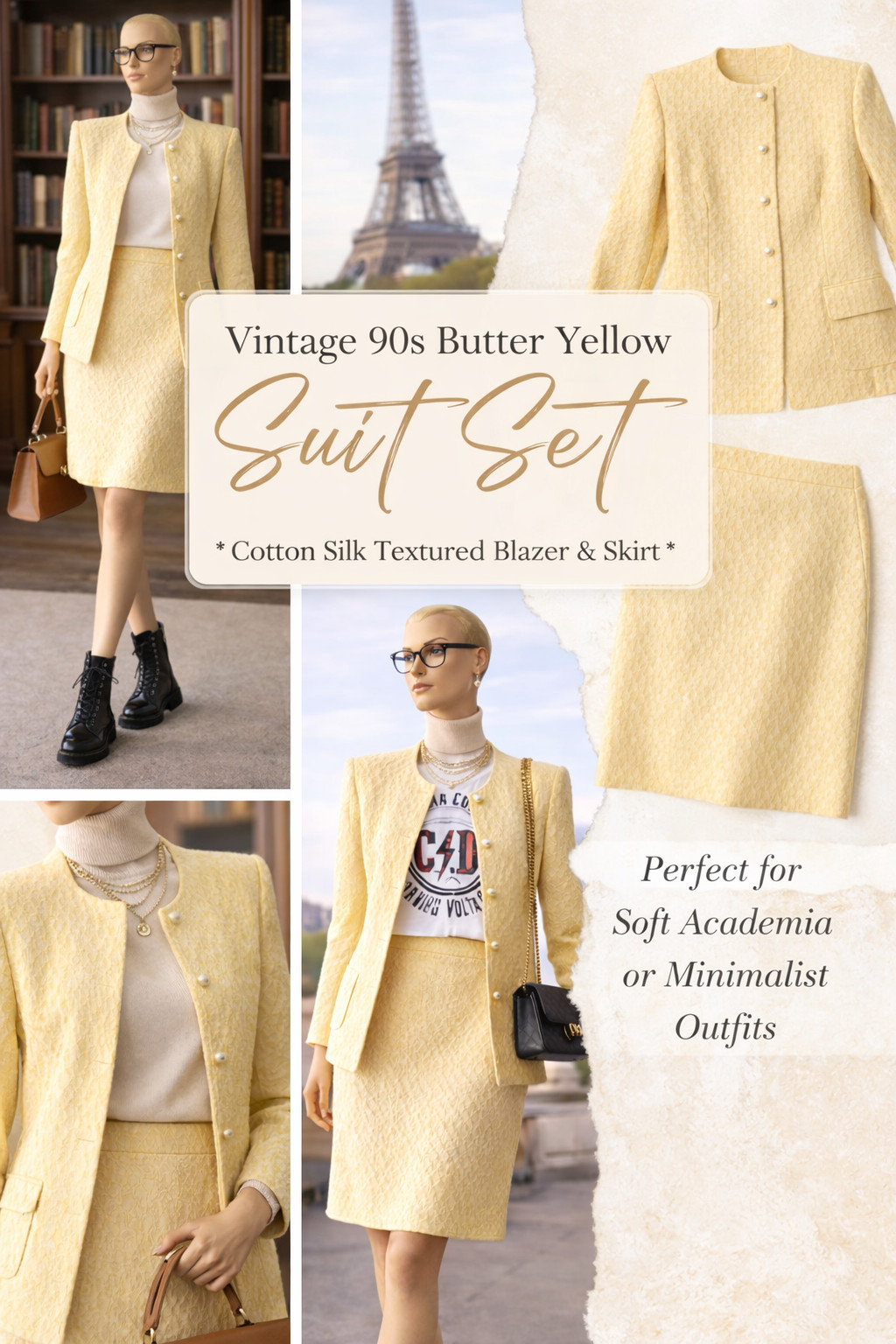 Vintage Costume 90s Butter Yellow Cotton Silk Tailleur 40 42 Textured Classy