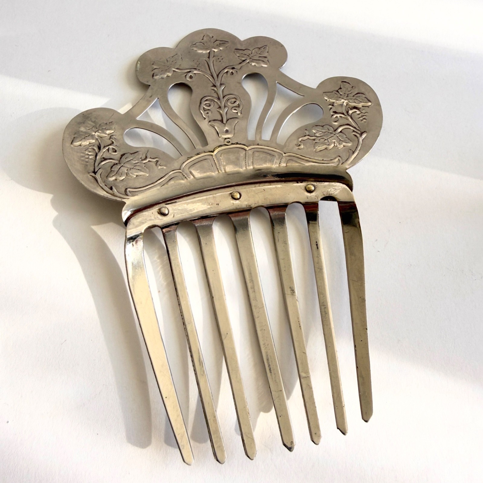 Art Nouveau Edwardian Tiara Hair Comb 5″ Stamped Grapevine Silver Plated