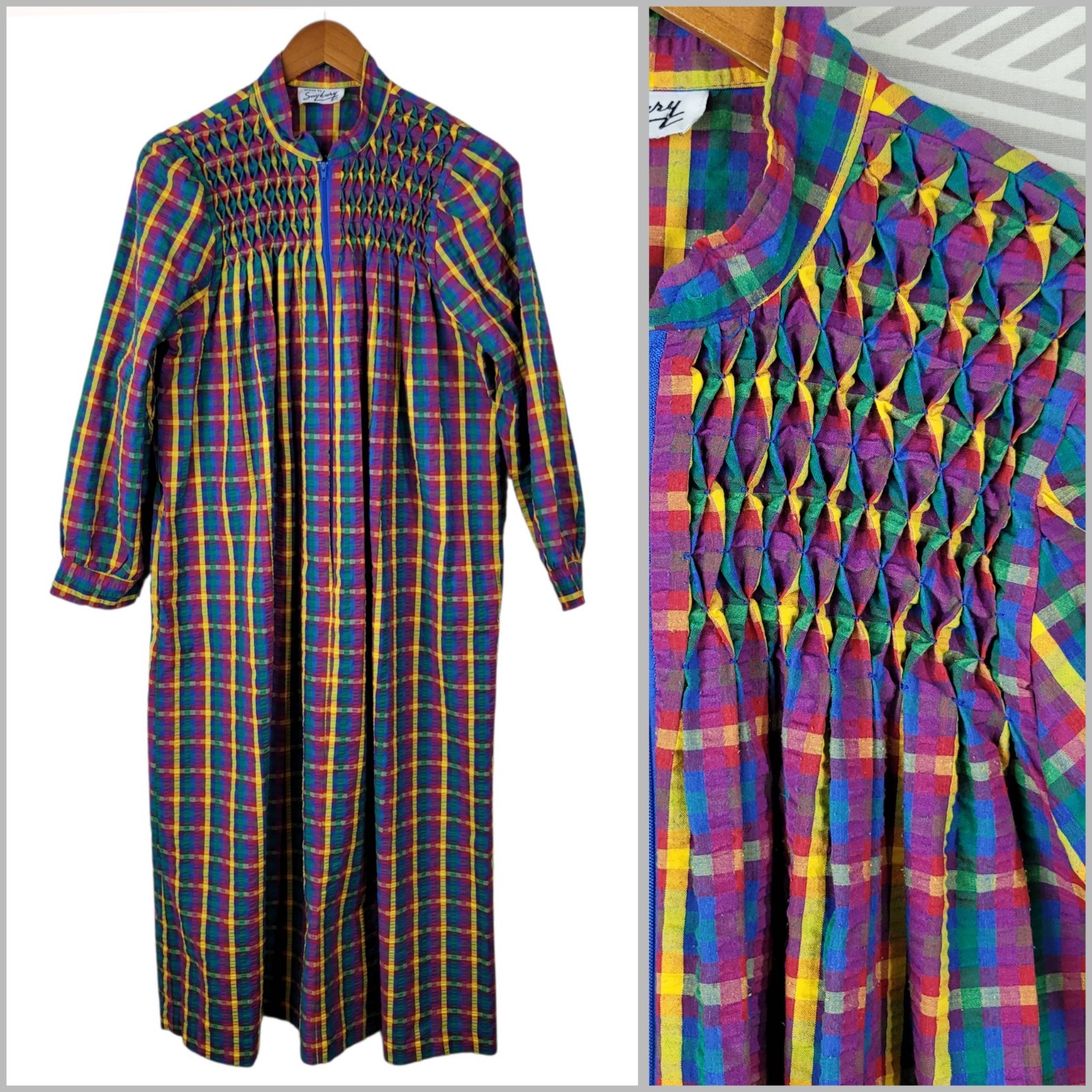 Vintage Rainbow Plaid Smocked House Coat Small Medium Zip Front Robe Maxi Granny