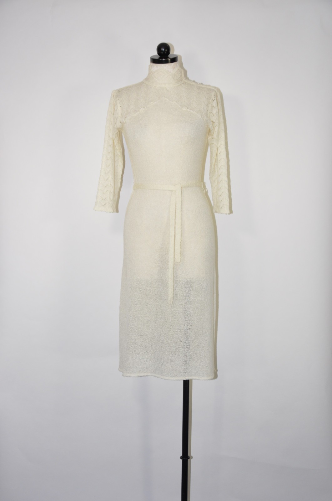 70s Vintage Cream Off White Pointelle Knit High Neck Pearl Sweater Dress Women M