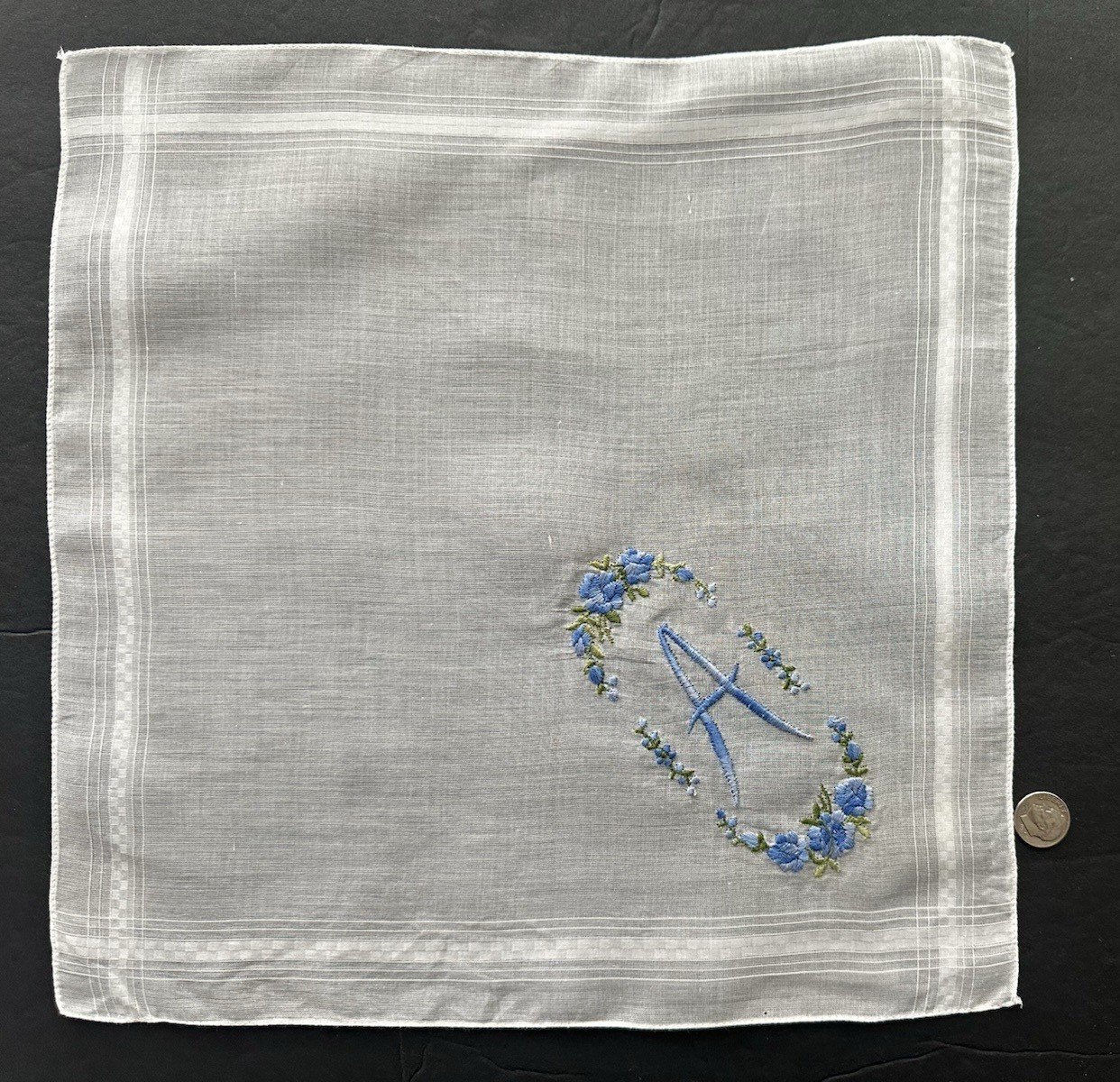 Vintage 3 White Hankies Blue Monogram A Madeira & Swiss Style Hand Embroidered