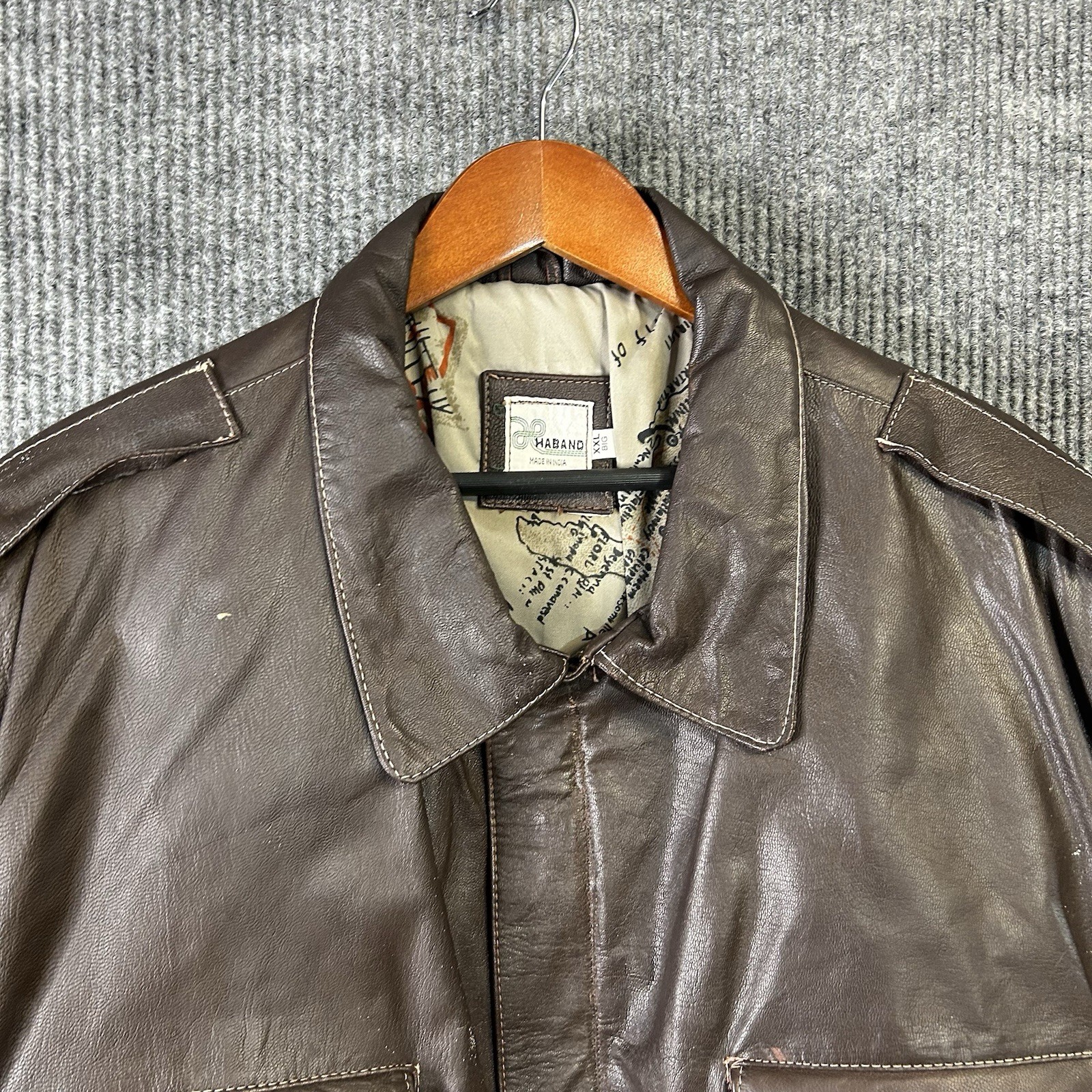 Leather Bomber Aviator Jacket Mens 2xL Big Brown Flight Map