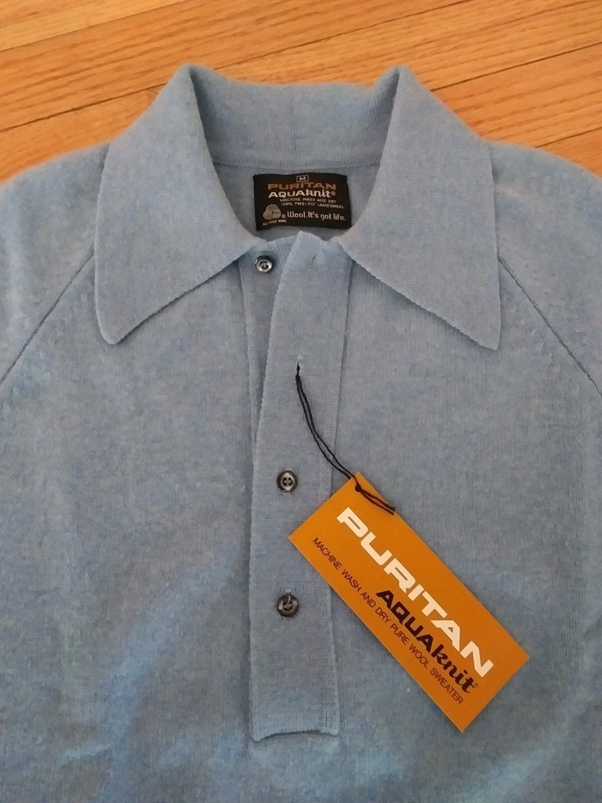 Puritan Vintage 1970s Aquaknit Lambswool Men’s Blue Collared Sweater NWT Size M
