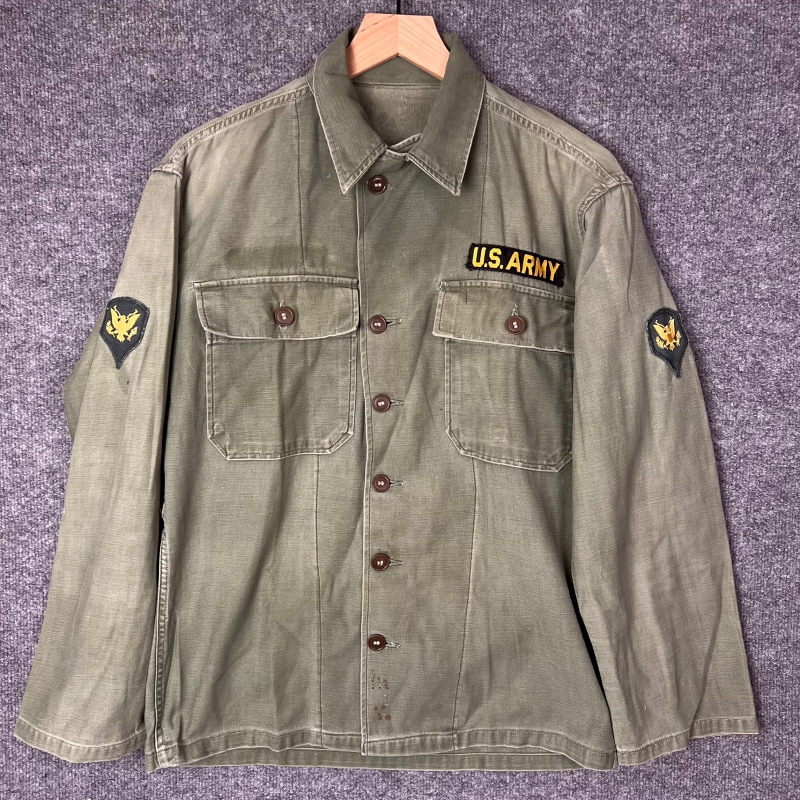 US Army OG-107 Utility Shirt Mens Green Good Vintage Cotton Sateen Patch