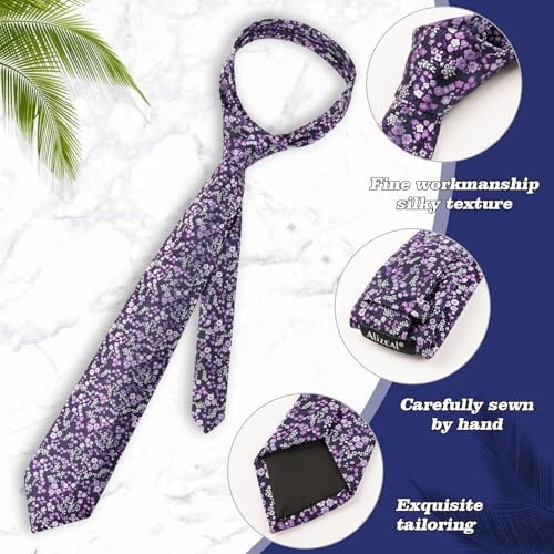 Mens 3.15inches Floral Tie with Flower Printed Handkerchief 142-purple+white