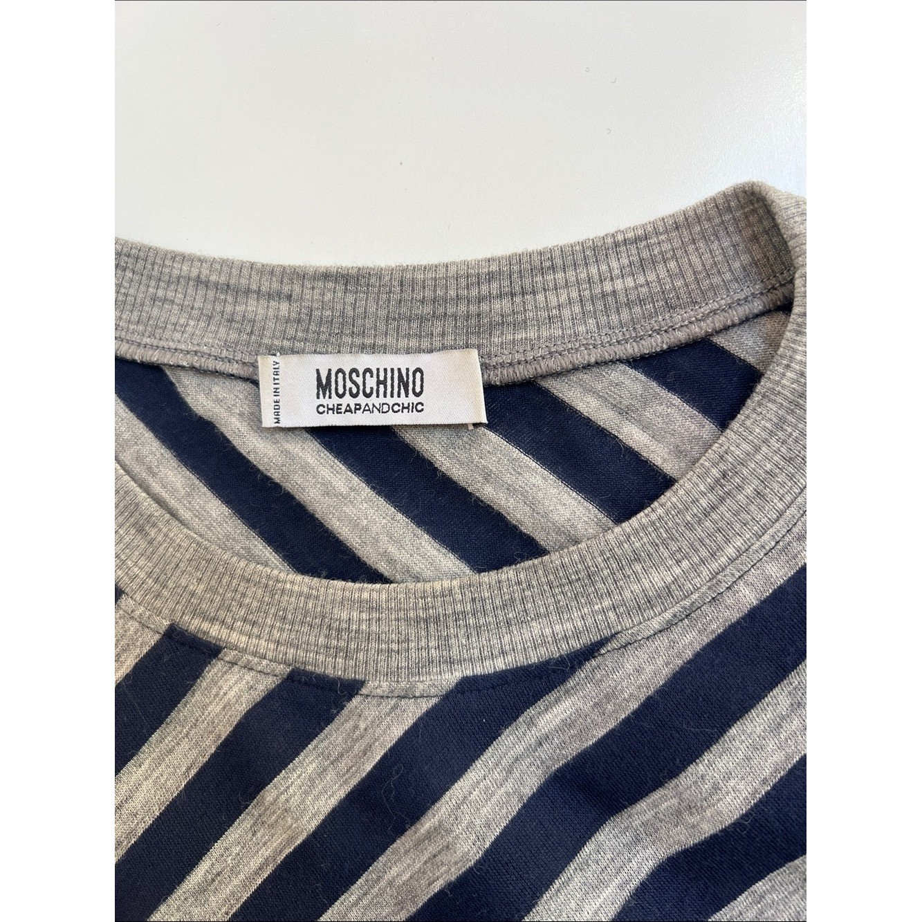 Vintage Moschino Cheap And Chic Striped Long-Sleeve Crewneck Top Navy & Gray