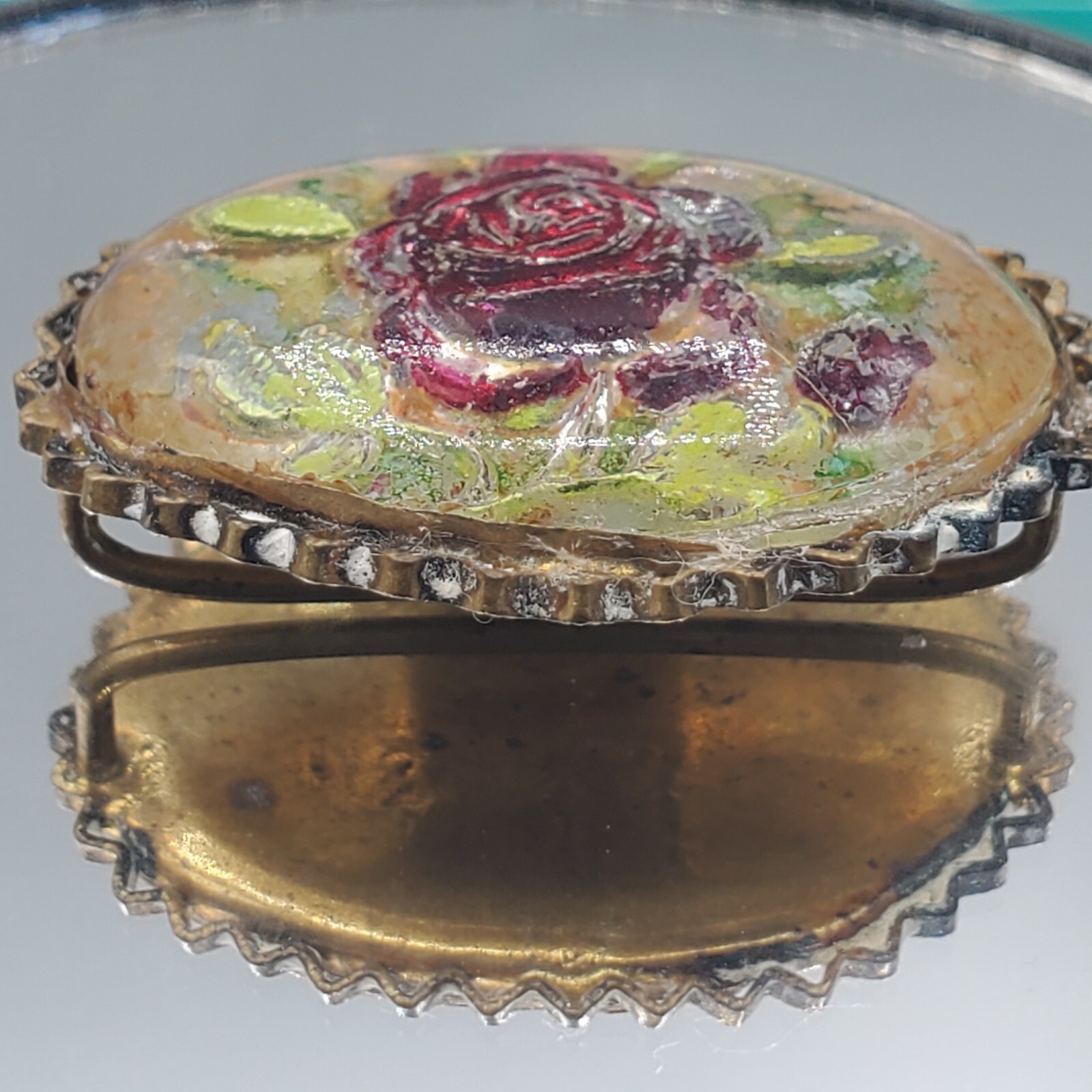 Vintage Czech Glass Belt Sash Buckle Reverse Painted Rose Goofus One Piece