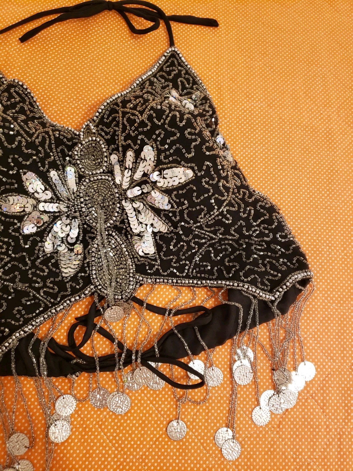 Vtg 70s Beaded Silk Black Coin Butterfly Halter Silver Sequin Hippie Festival S