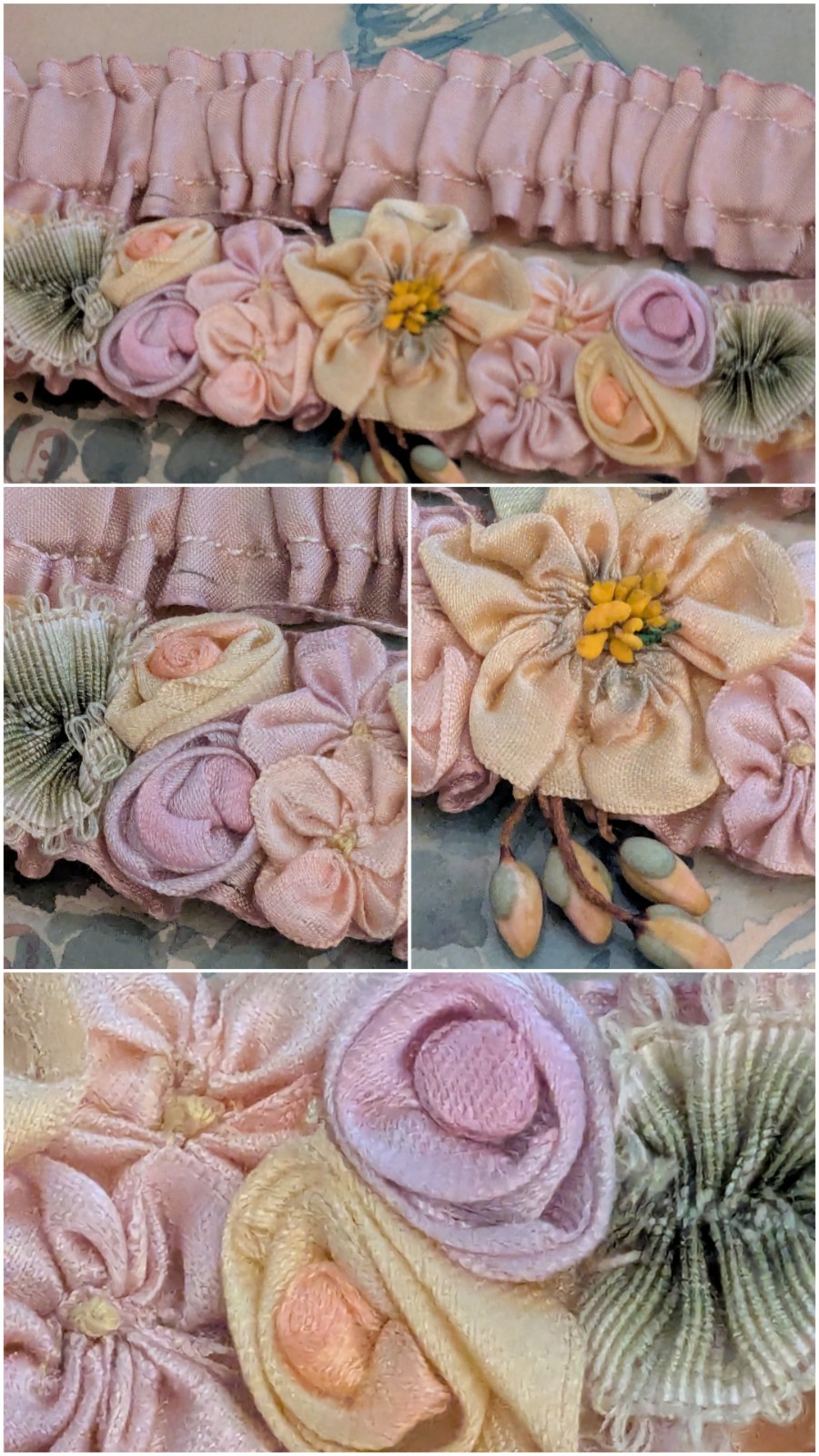 Flapper 1920’S Ribbonwork Silk Garter So Many Flowers Lavender And Yellow