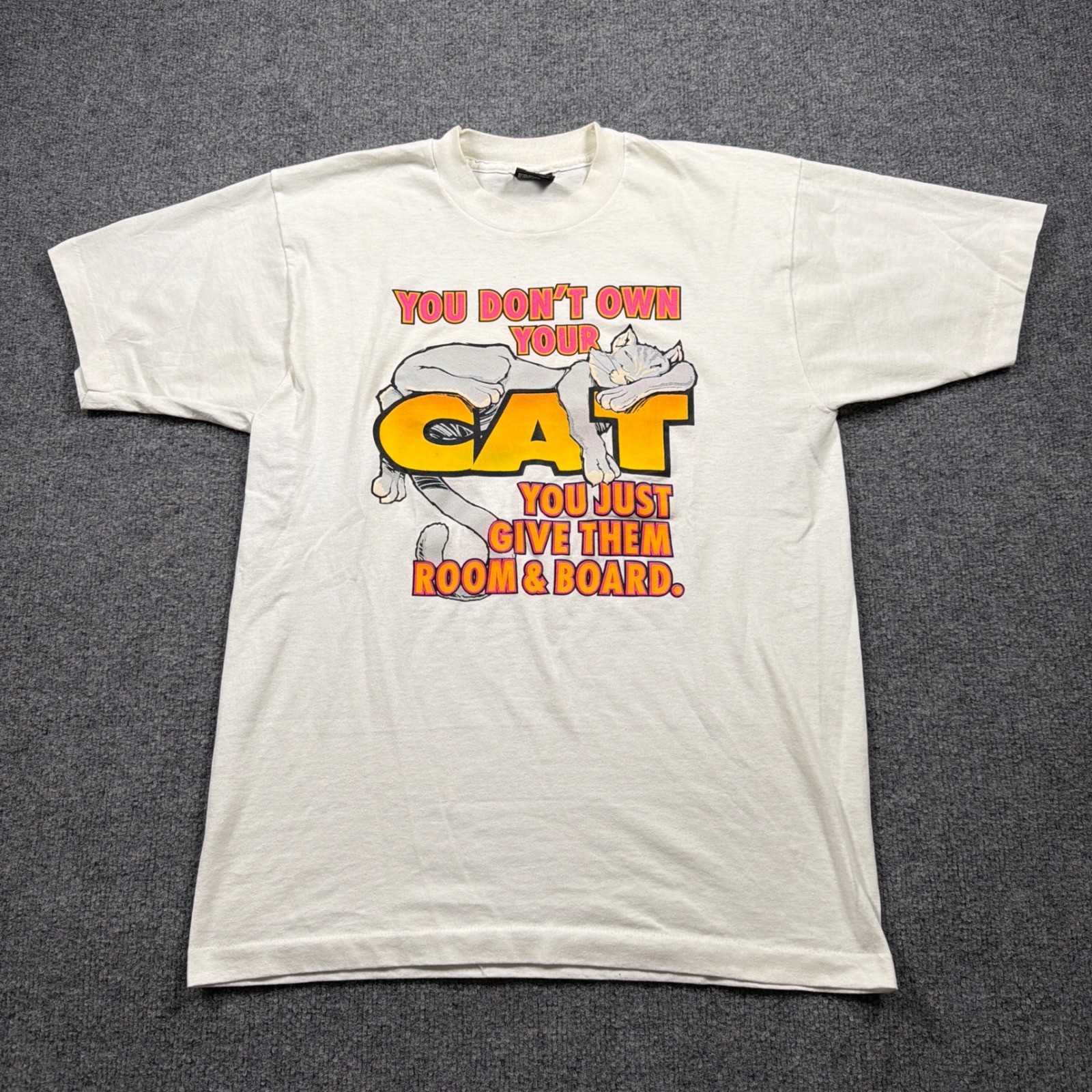 Screen Stars T-Shirt Single Stitch Unisex Large Off-White Vintage Cat Humor USA
