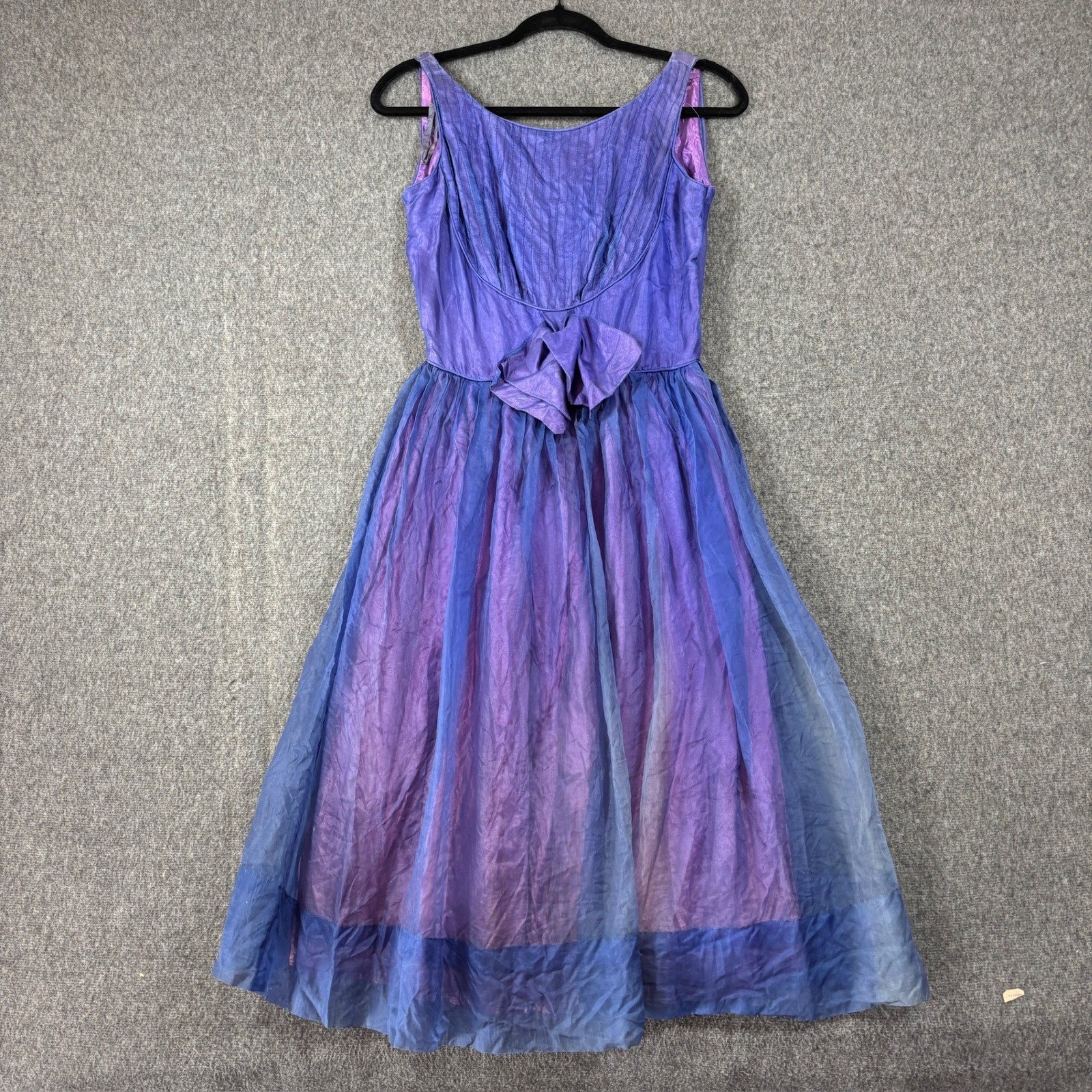 Vintage 50s Iridescent Purple Blue Organza Fit Flare Dress Bow Back Mid Century