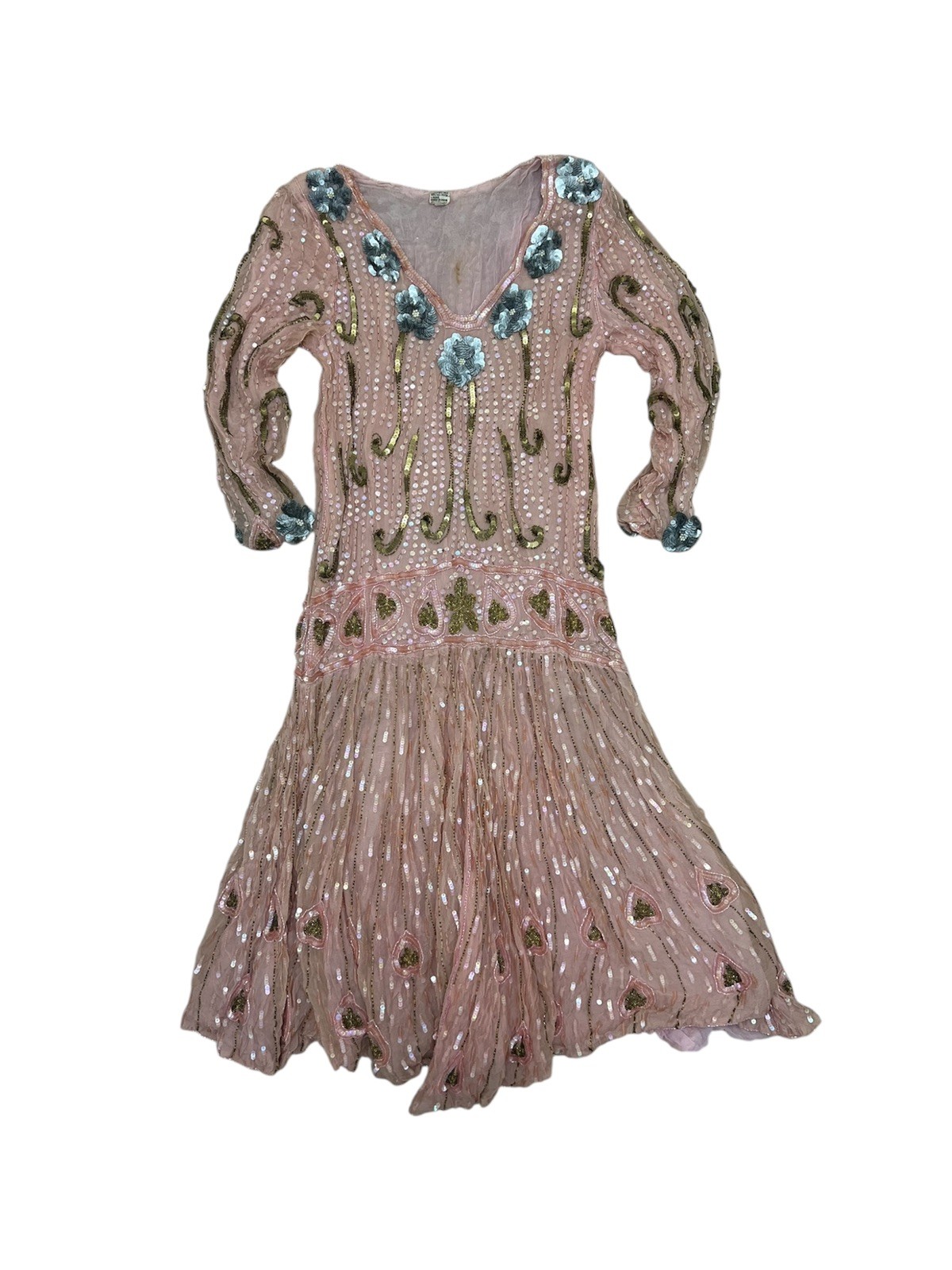 FLAPPER 1920’S GELATIN SEQUIN + BEAD BLUSH PINK SILK DRESS MADE IN INDIA LARGE