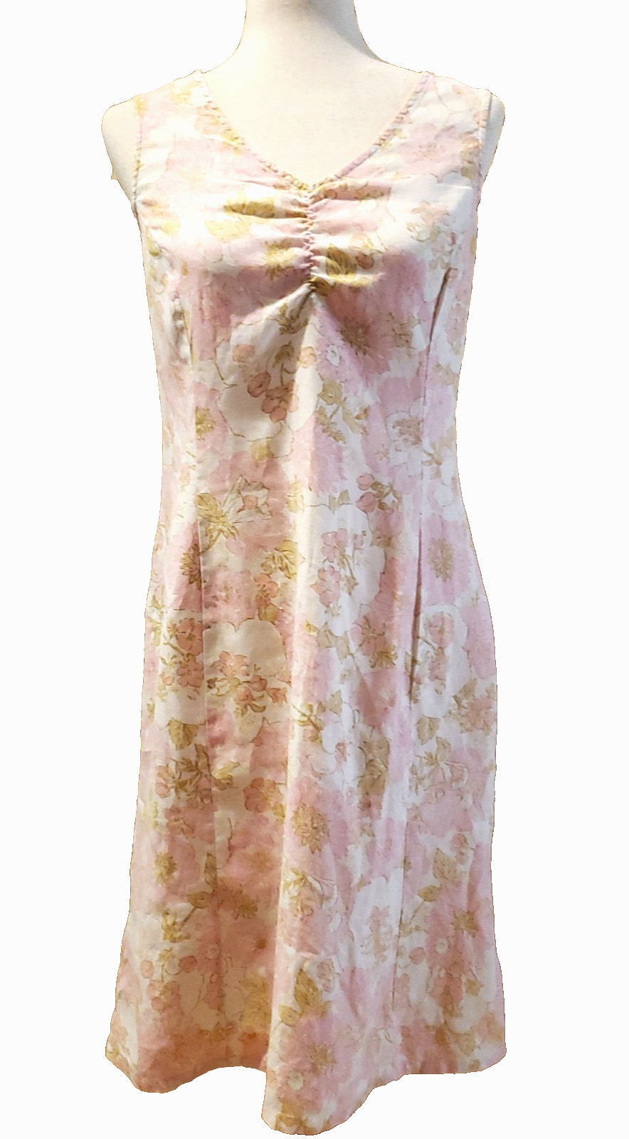 Eddie Bauer 90s Pure Linen Size 4 Sundress Midi Cottage Pink Cream Floral v-neck