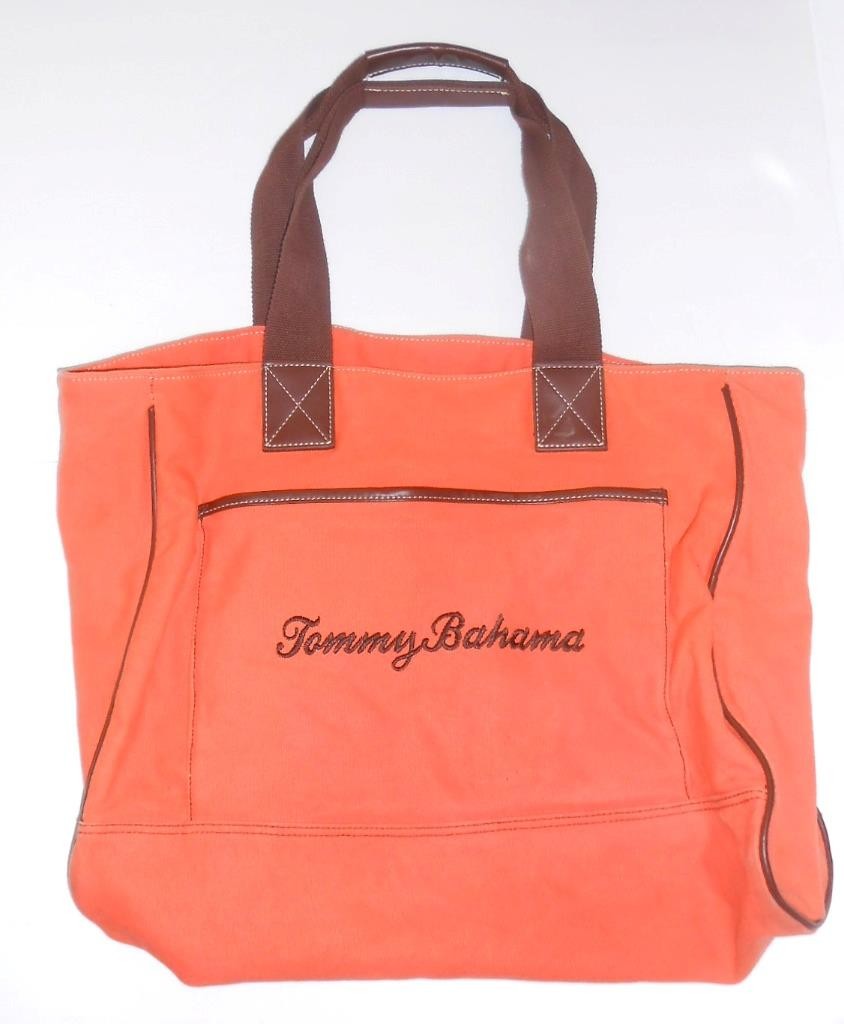 Vintage Tommy Bahama Orange Brown Piping Canvas Tote Bag Large 20″ X 14″ S229