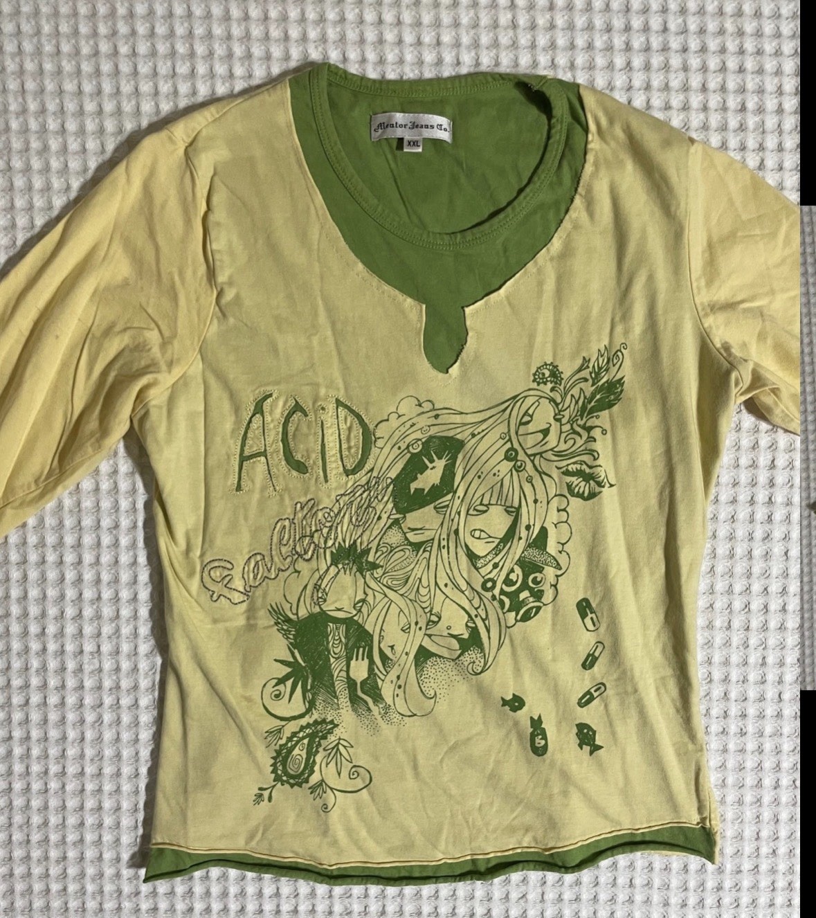 Vintage Y2K Graphic Layered Tee XXL Acid Factory Anime Skater 3/4 Sleeve