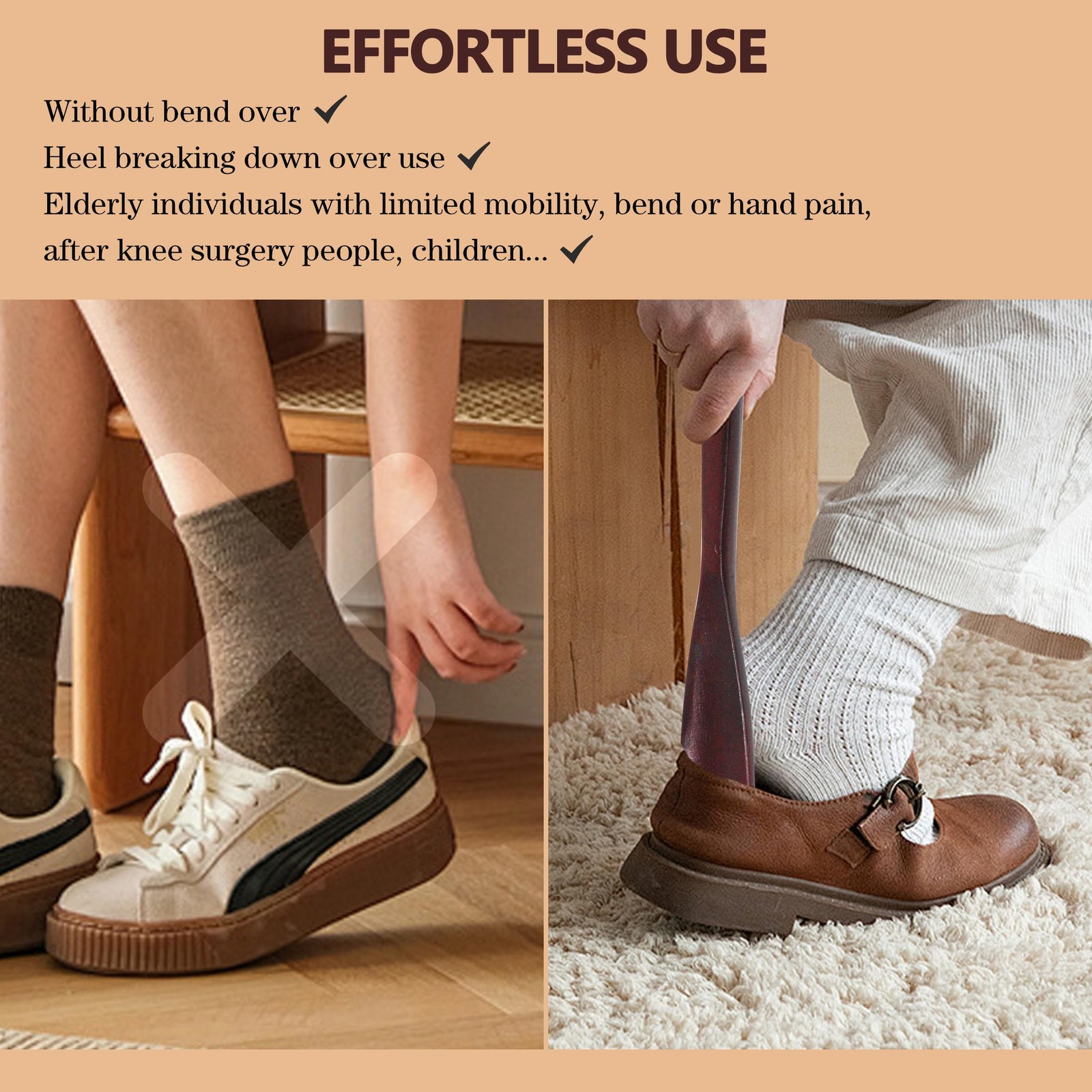 2 PCS Set 15″ Long & 9.7″ Short Wooden Shoe Horn Boot Helper Brown Wine