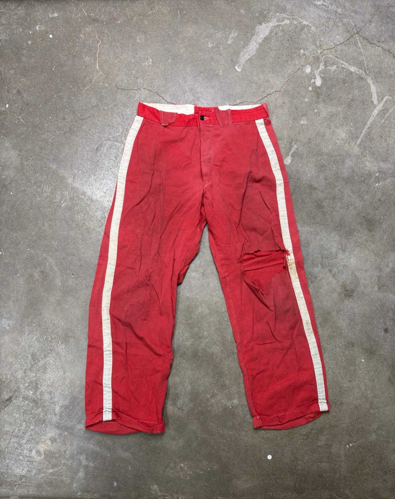 True Vintage 1950s Red Distressed Grunge Side Stripe Pants 32×27
