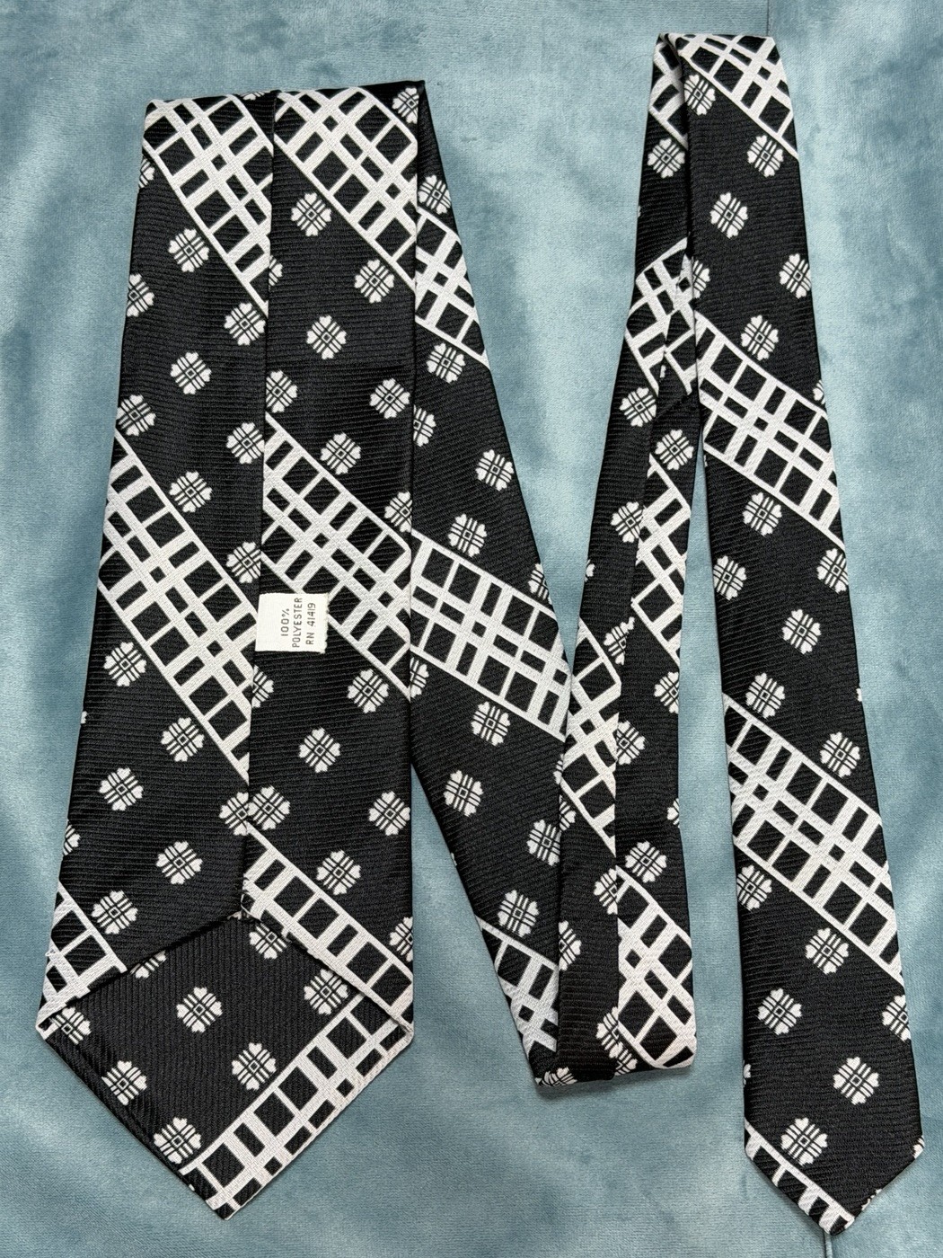 Vintage 70s Modern Geometric Wide Neck Tie Pattern Mix Stripe Black Polyester