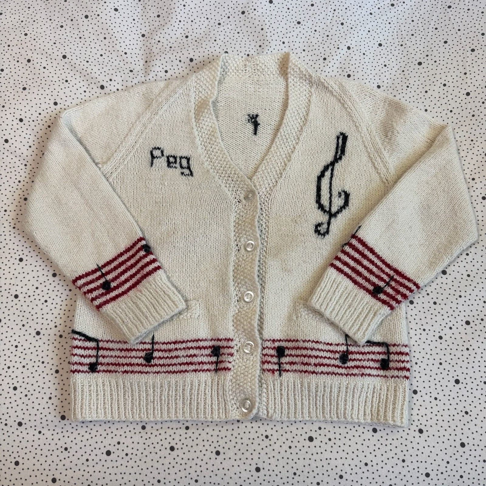 Vintage 1970s Knit Cardigan Sweater Women’s Medium (20×22.5) Music Dance Artsy