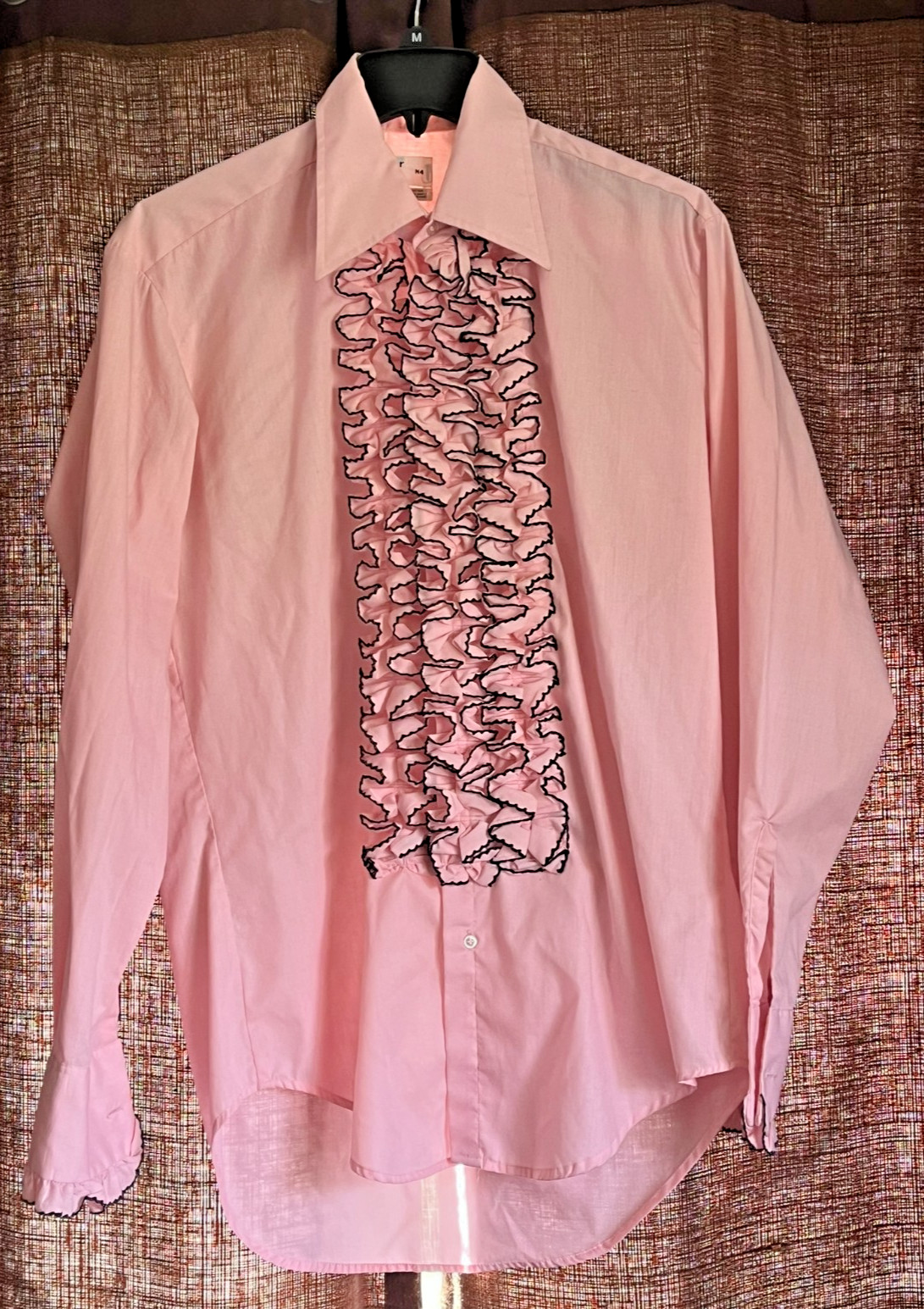 Vintage 70s Pink Ruffle Tuxedo Shirt Retro Disco Glam Prom Costume M4