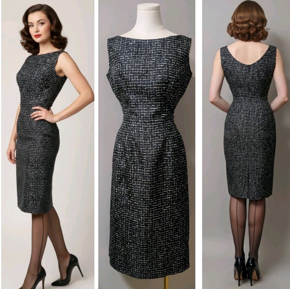 Vintage 50’s Bombshell Geometric Pencil Wiggle Dress Metal Side Zip XS
