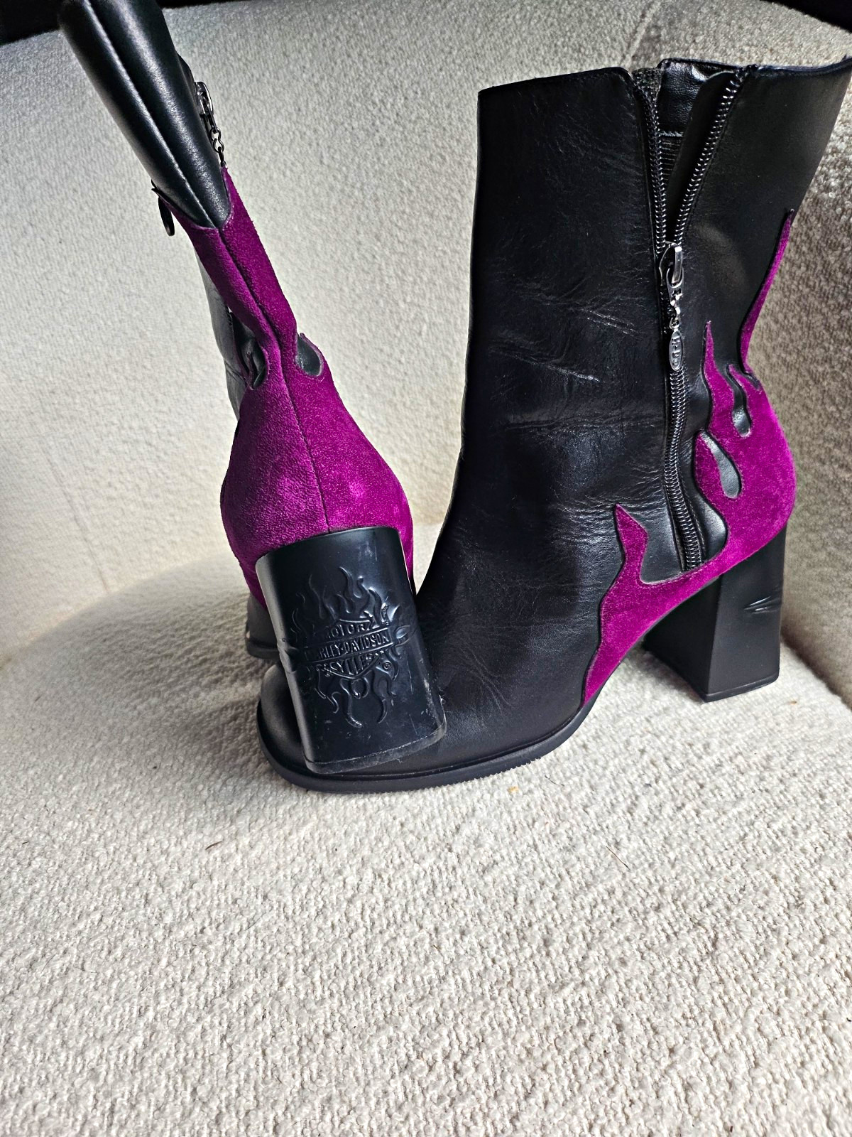 Harley-Davidson Black/Purple Leather Mid-Calf Biker Boots Zip, Women’s 9.5
