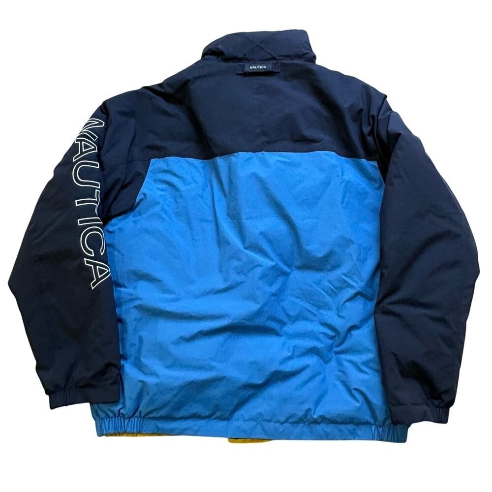 Nautica Sailing Puffer Jacket Vintage Reversible Blue Color Block Yellow 2XL 90s