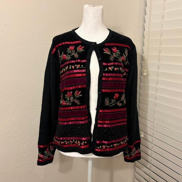 black and pink velvet floral knit cardigan with ribbon and floral embroidery