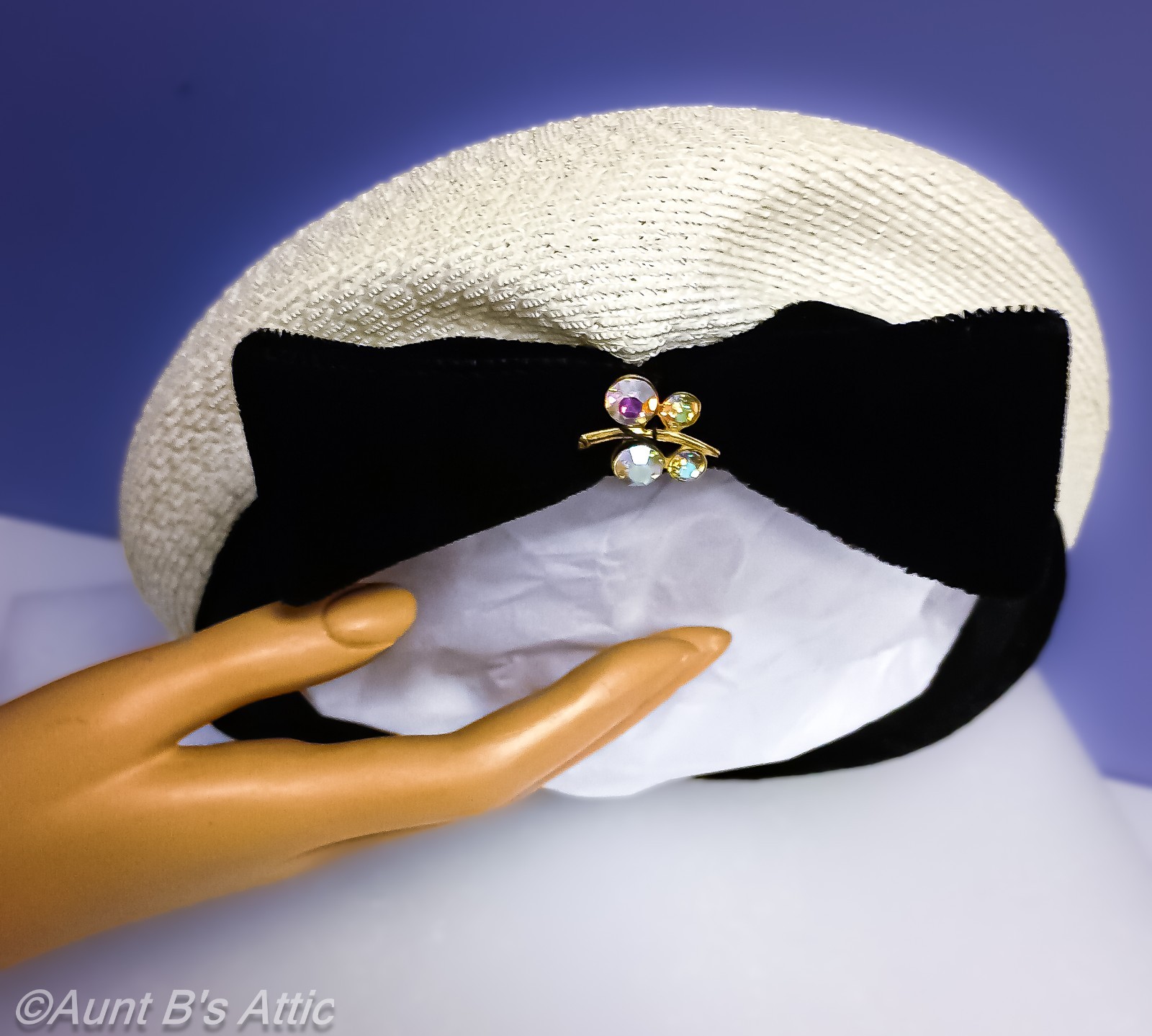 Vintage 60’s Ladies White Synthetic Straw With Blk Velvet Band Dress Hat 22 1/2