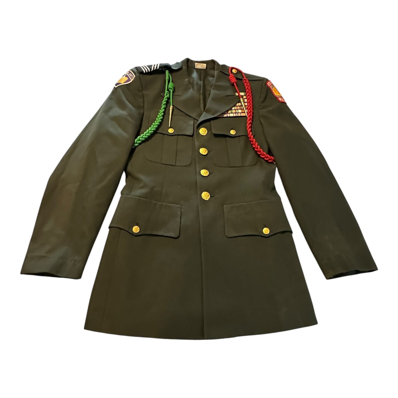 US Army JROTC Dress Uniform Coat Mens 35R Green Patches Cords Medals Insignia