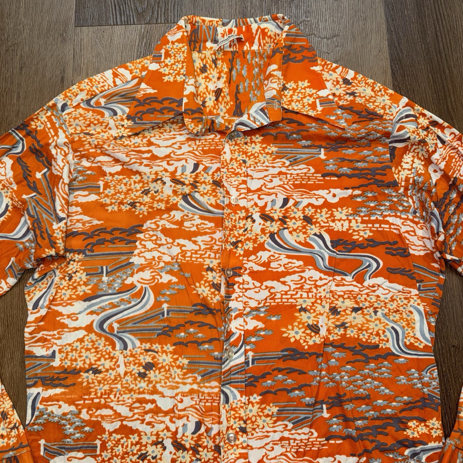 Vtg 60s 70s Disco Shirt Mens XL Abstract Floral Saturday Night Fever Beatnik Mod