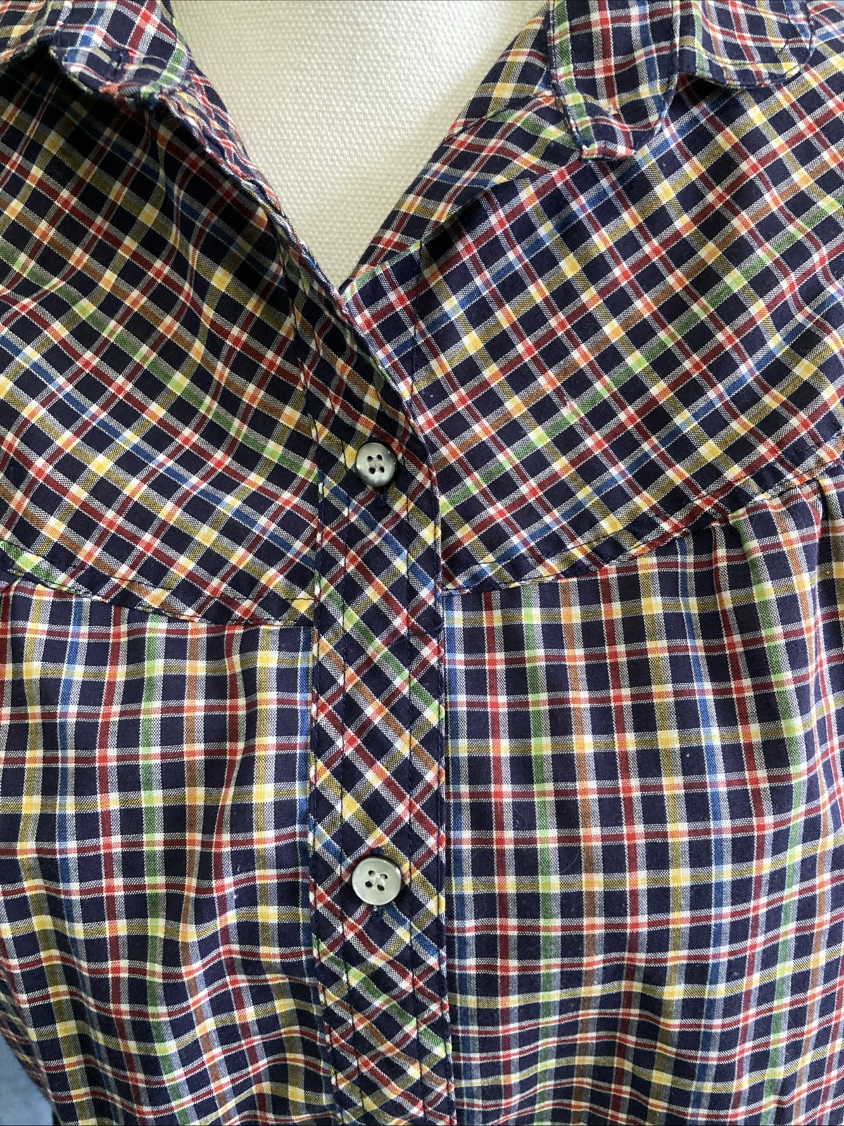 VTG 70s LEVI STRAUSS Western Shirt Size 14 Rainbow Plaid Pearly Button Blouse HK
