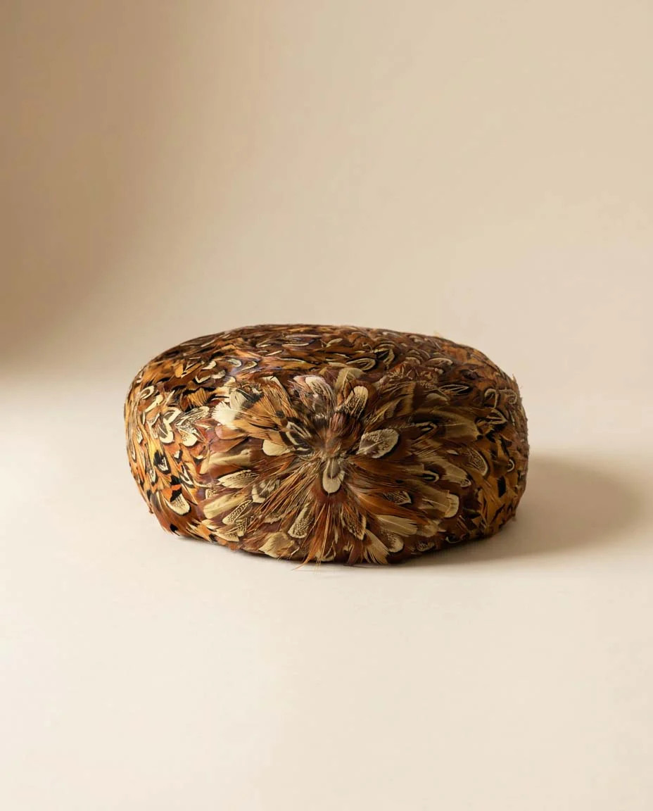 Vintage 1950s Pheasant Feather Pillbox Hat, Natural Feather Cocktail Hat, Brown