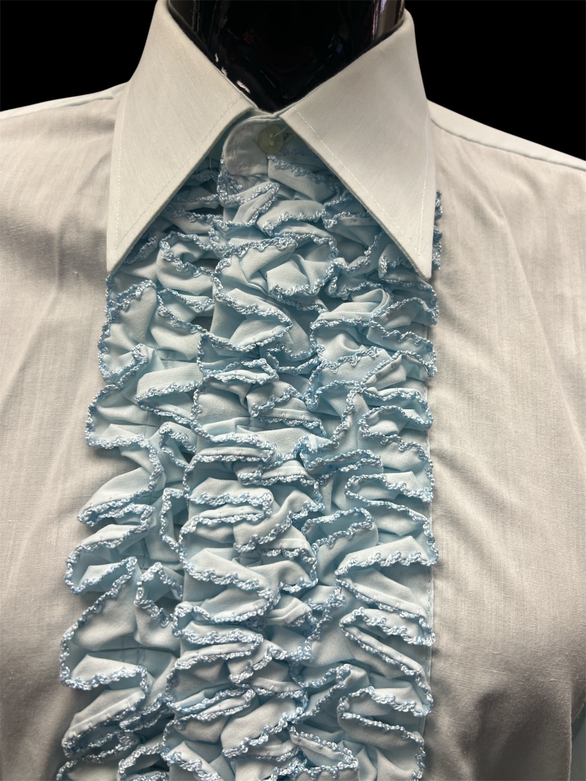 Vintage AfterSix Shirt Mens Blue Ruffle Tuxedo 70s Disco Big Collar Easy Care