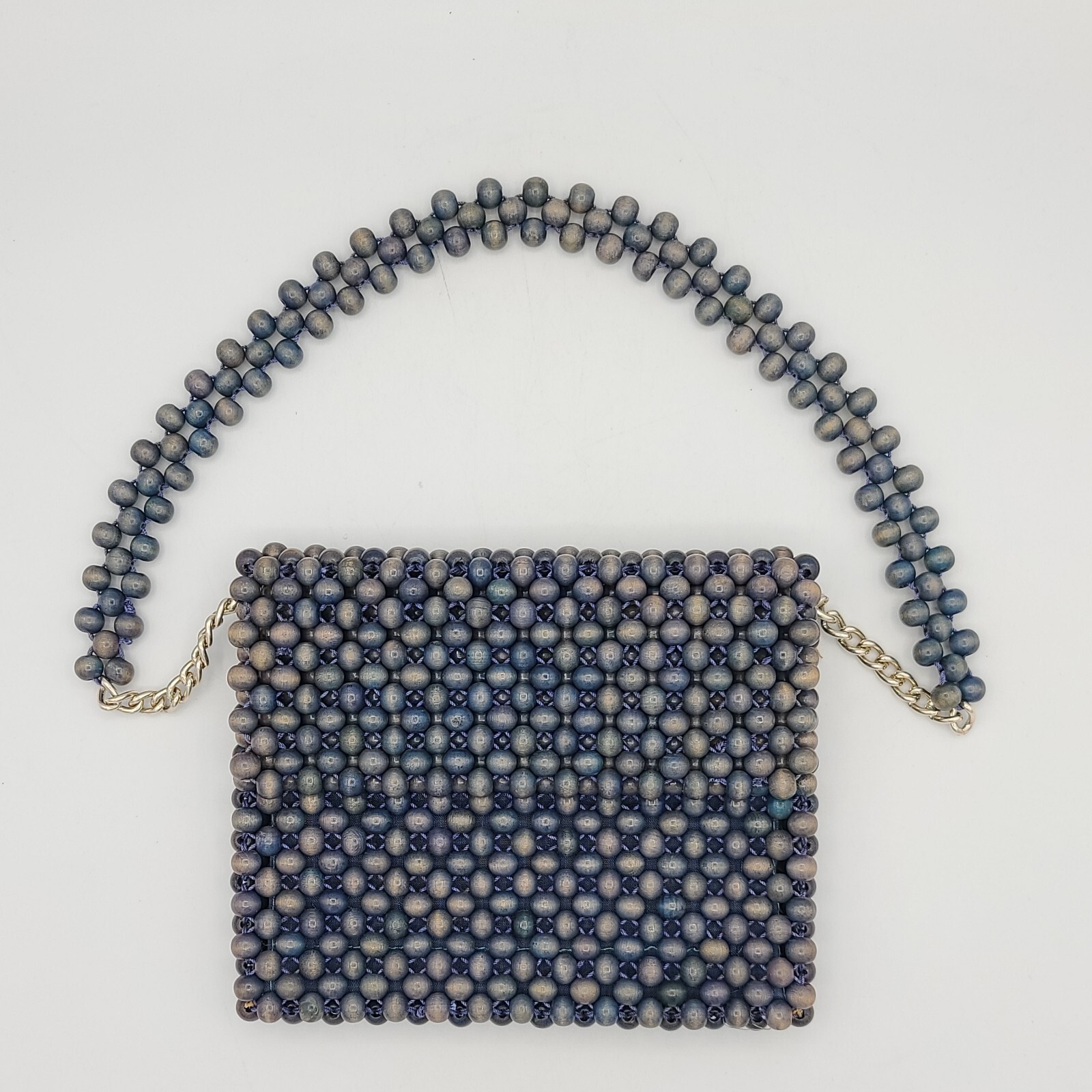 Vtg Lady Ellen Blue Tan Mid Century Wooden Beaded Handbag Purse Made in Japan