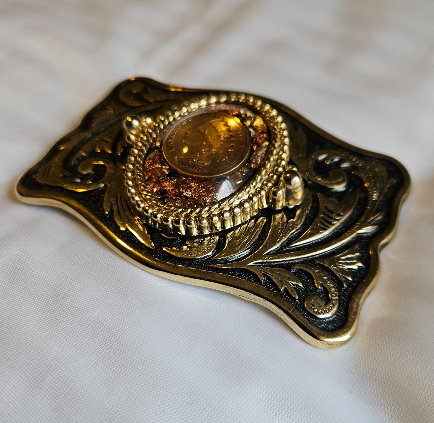 1907 Indian Head Penny Belt Buckle gold tone copper flecks and resin