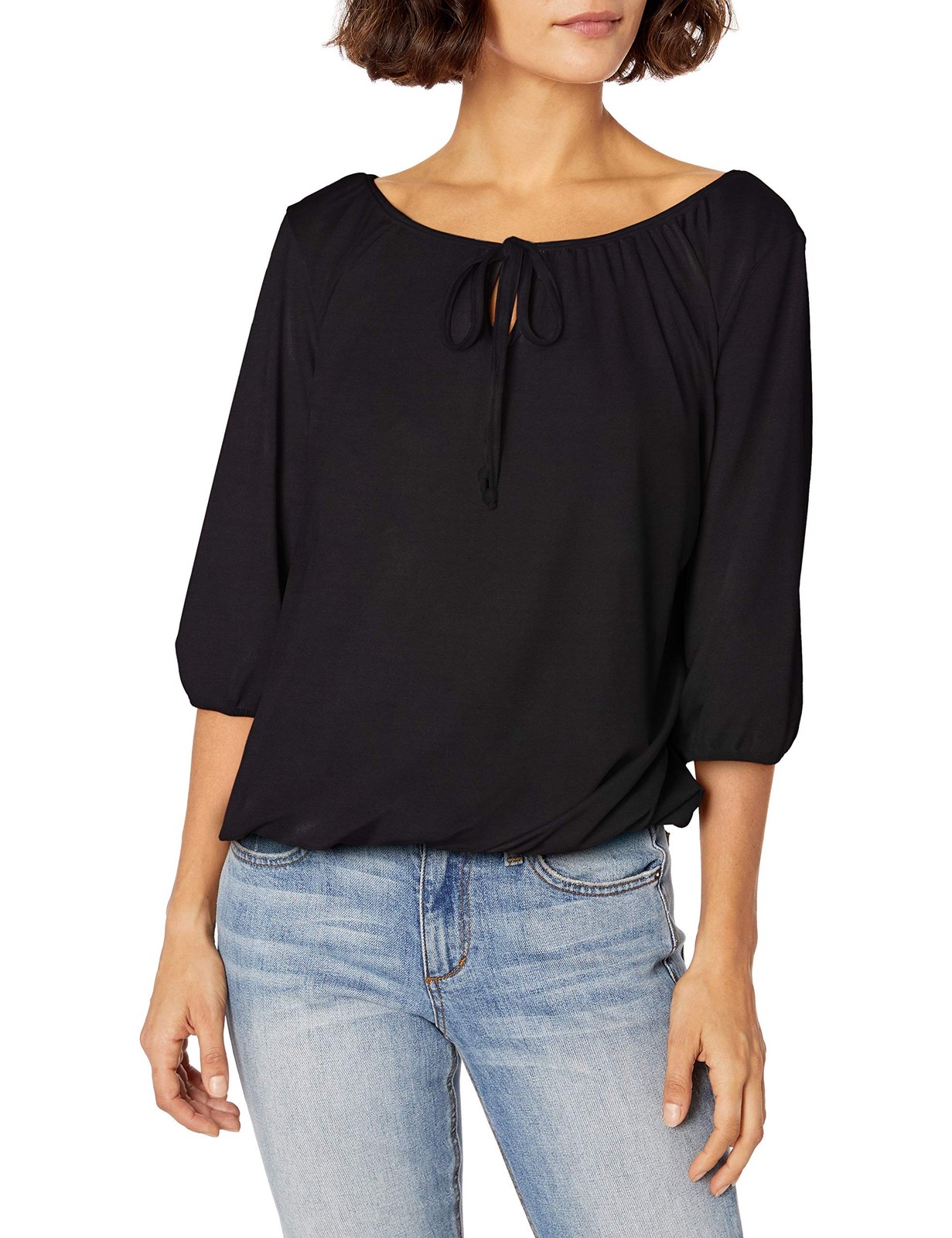 Star Vixen Women’s Petite 3/4 Sleeve Tieneck Elasticized Peasant Top, Black, PL