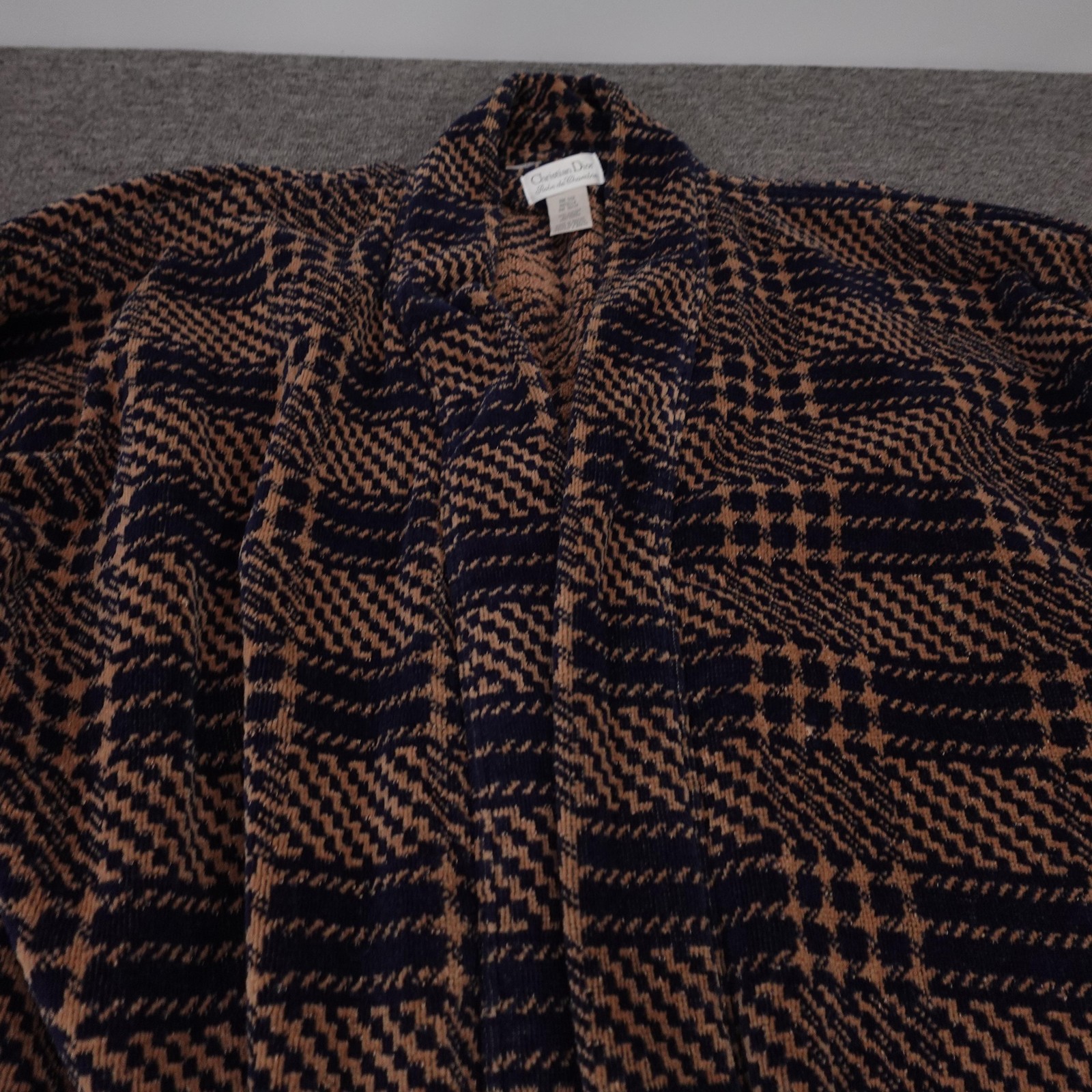 Vintage Christian Dior Robe One Size Blue Brown Terry Kimono Lounge 90s