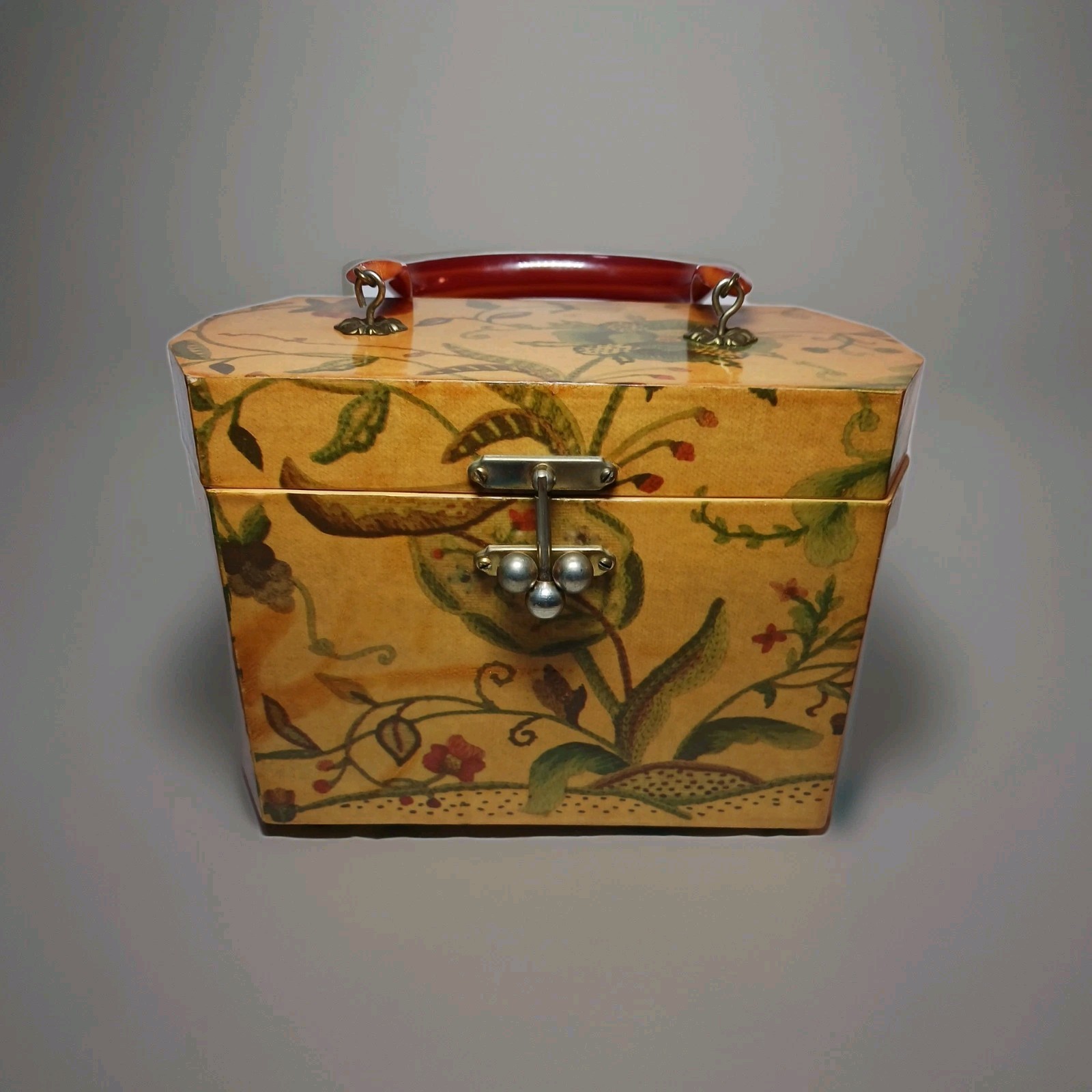 Vintage Wooden Handbag Purse Velvet Lined w Mirror Jewelry Box Makeup Case