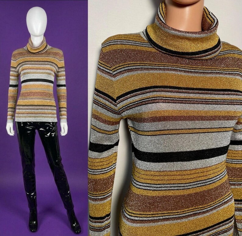 Vintage 1970s Metallic Striped Turtleneck Top In Silver Gold And Bronze Size M