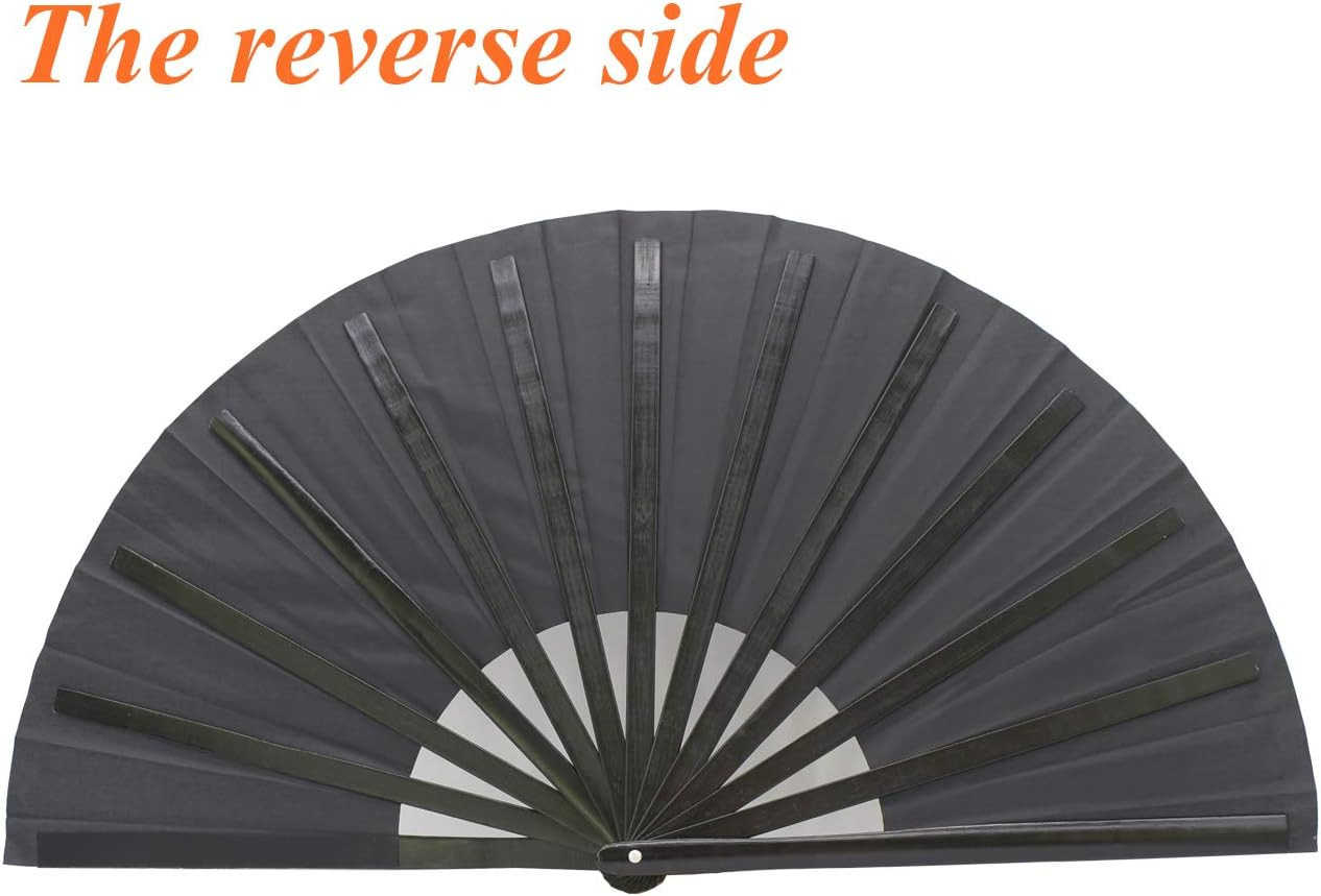 Large Folding Hand Rave Fan for Men Women Dance Gift, Bamboo Nylon-Cloth Black H