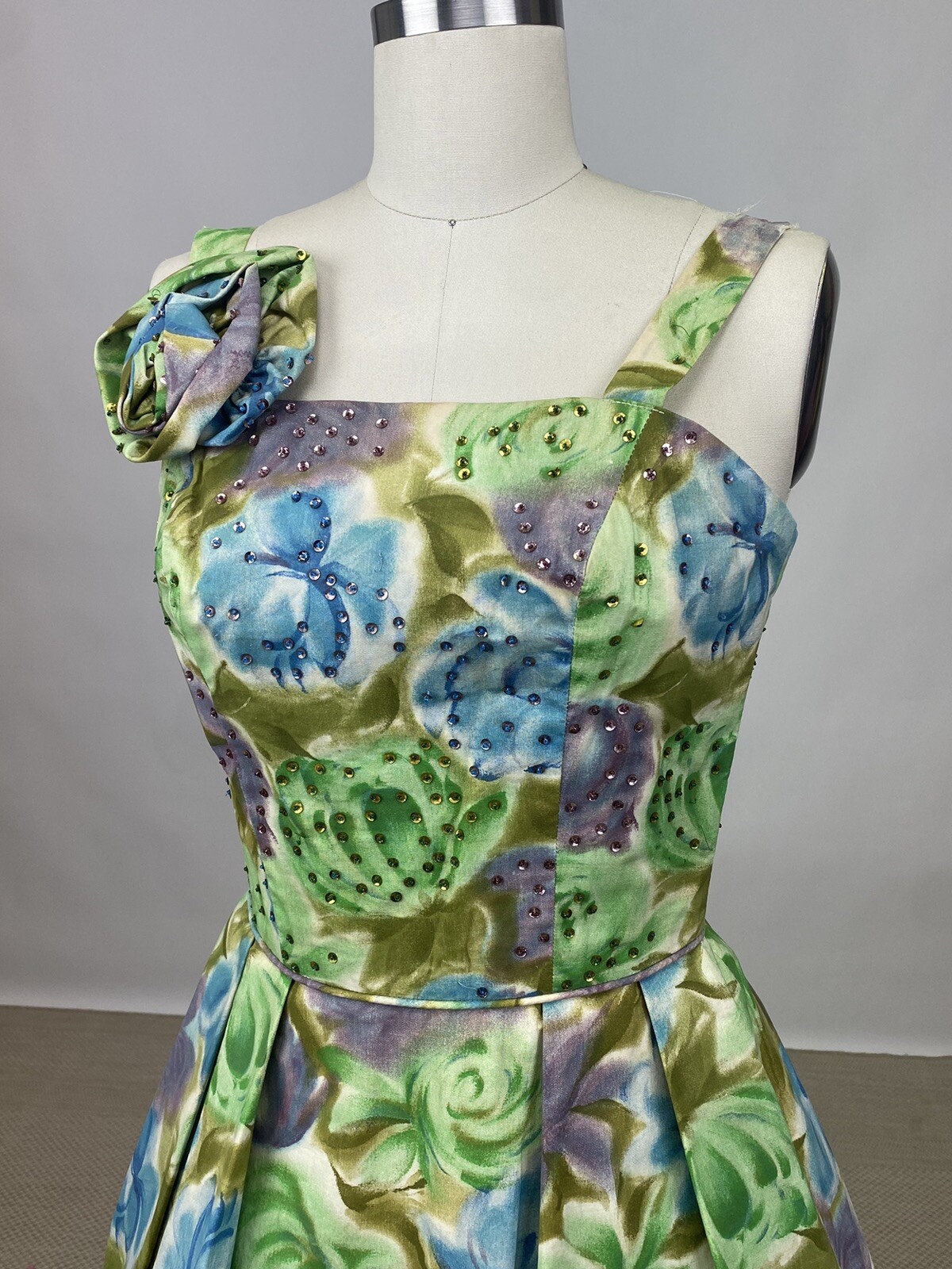 Vintage 1950s Cotton brushstroke floral cocktail party Dress Fit Flare As Is