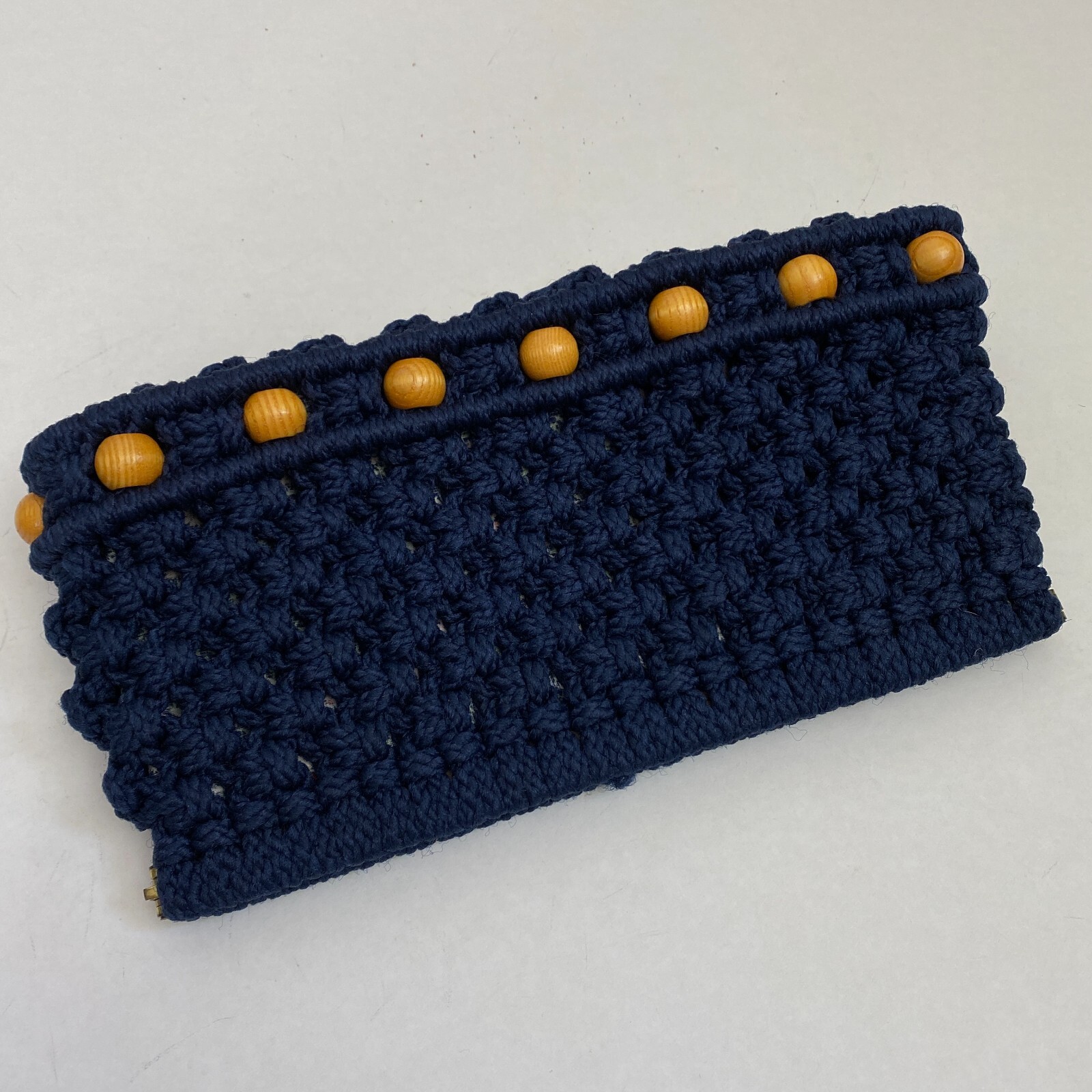 Vintage Woven Clutch Handbag Blue Rope Wooden Beads Lined