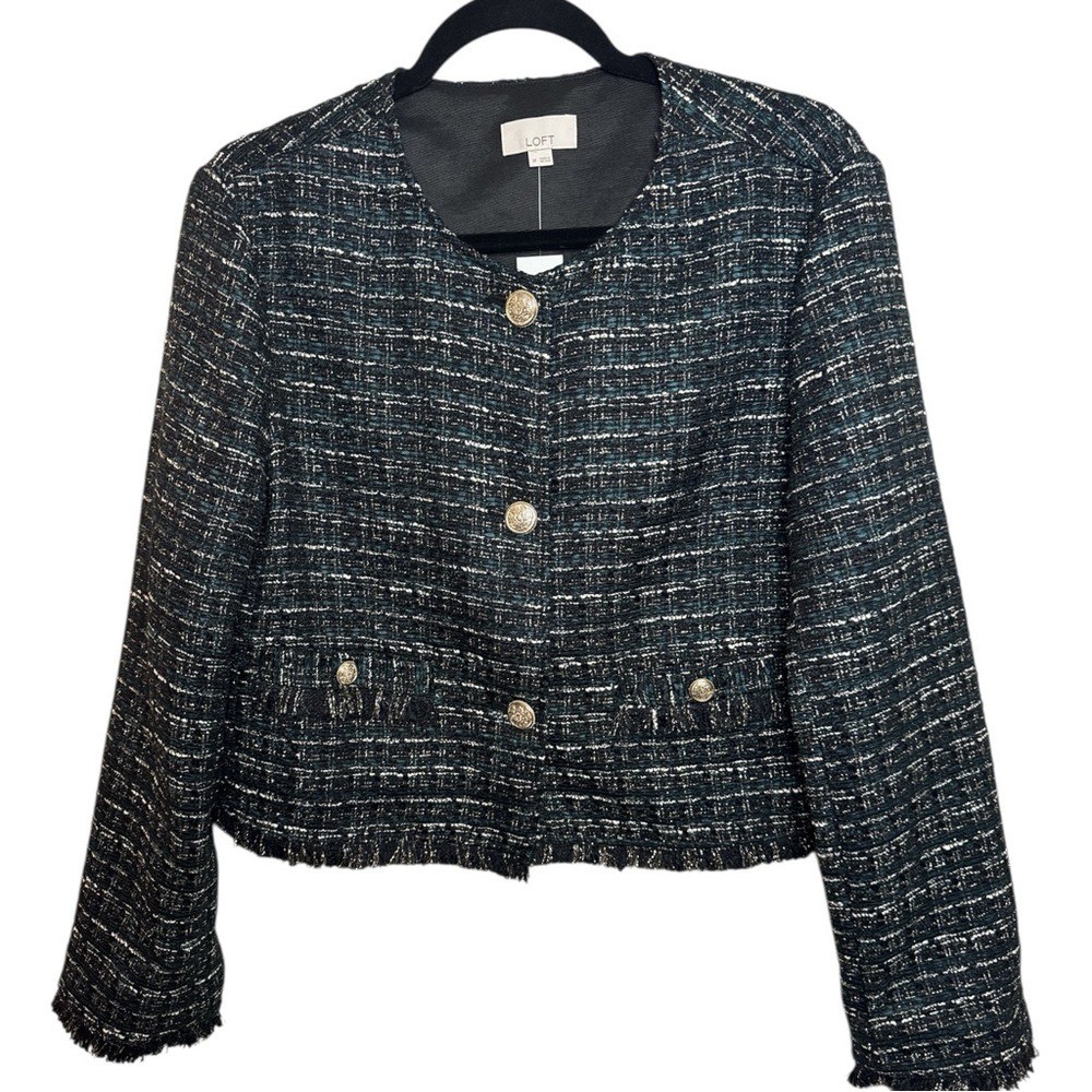 LOFT Dark Green Black Tweed w/ Metallic Thread Women’s Jacket Gold buttons