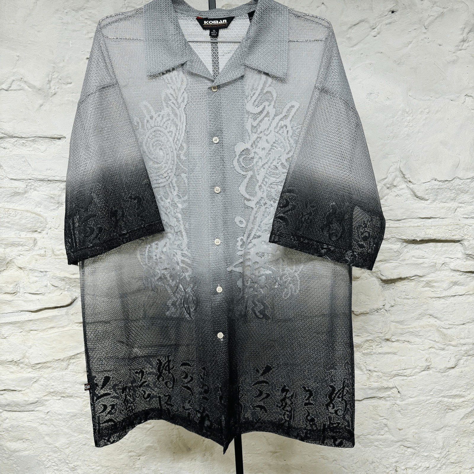 Vintage Sheer Dragon Print Mesh Club Shirt KOMAN 90s Y2K Gray Black Ombre XL