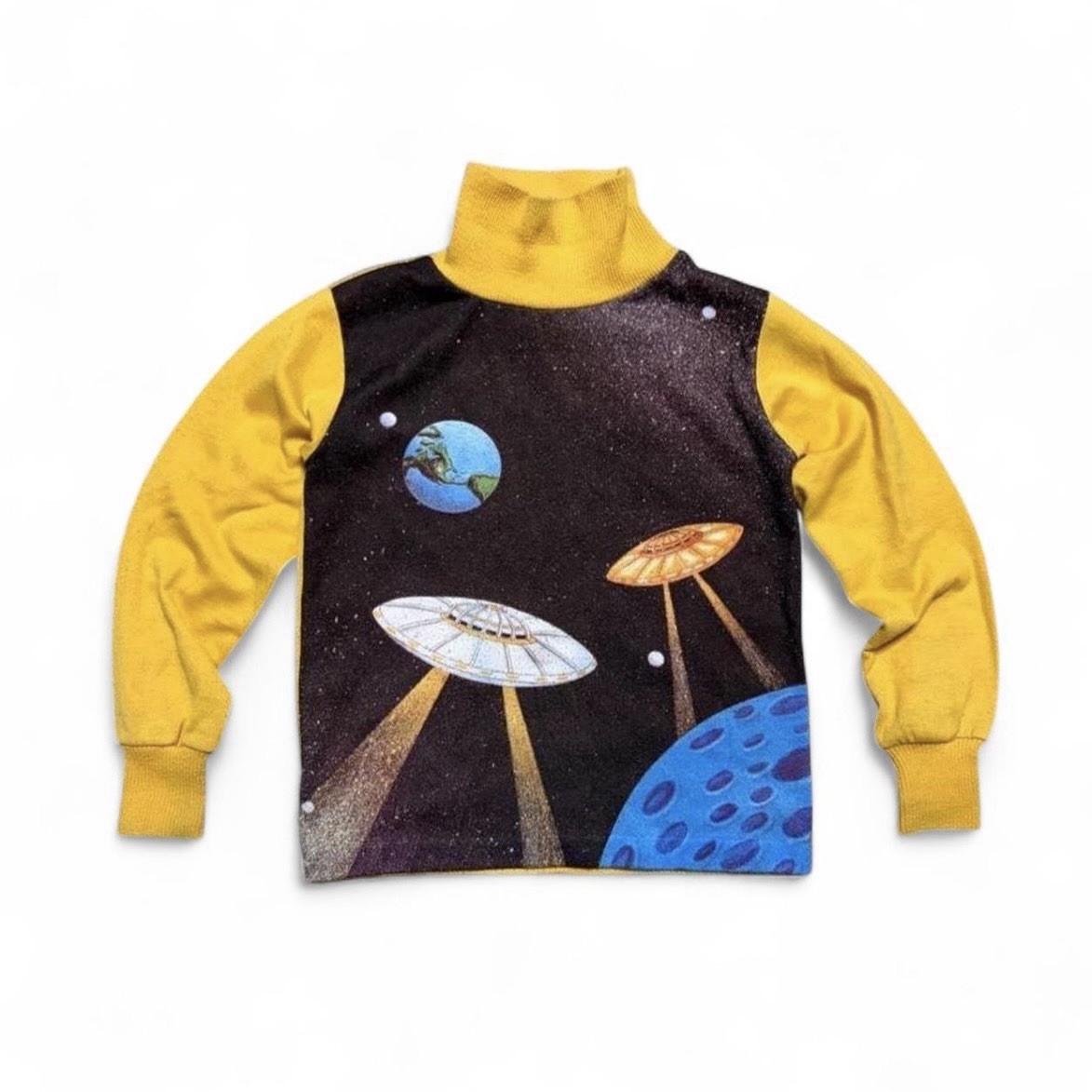 RARE VTG 70s HealthTex UFO Space Ship Yellow LS Mock Neck Shirt Boys 8 USA Made
