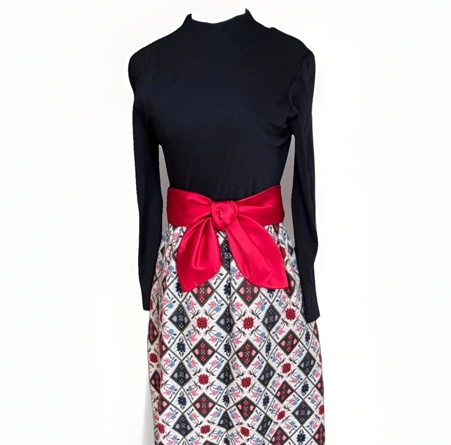 Vintage Retro Maxi Dress Black Bodice Bow Waistband Floral Jaquard Skirt XS