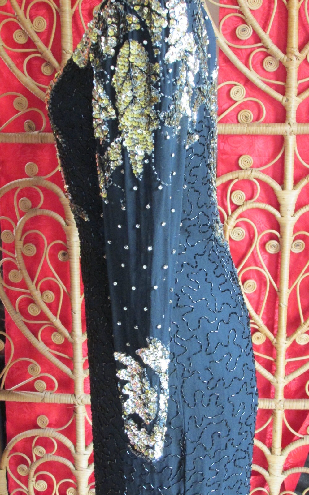 Niteline Black Silk Dress Silver & Gold Sequins Rhinestone Stud Sheer Neck SZ 4